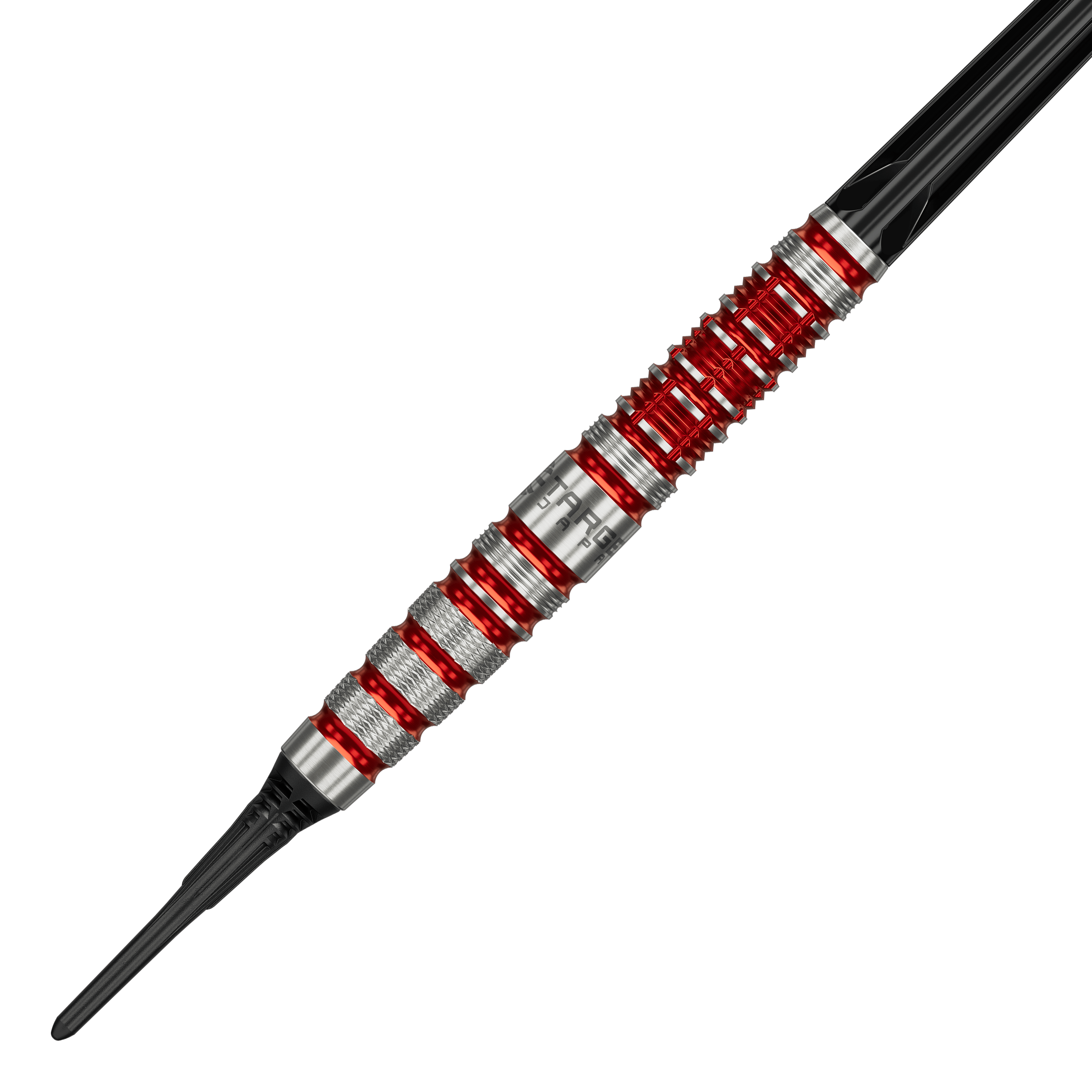 Target Black Marque Spinel Softdarts - 21,5g ist ein hochwertiger Softdart. Das Bild zeigt das schwarze Dartpfeil-Design mit markanten Elementen.