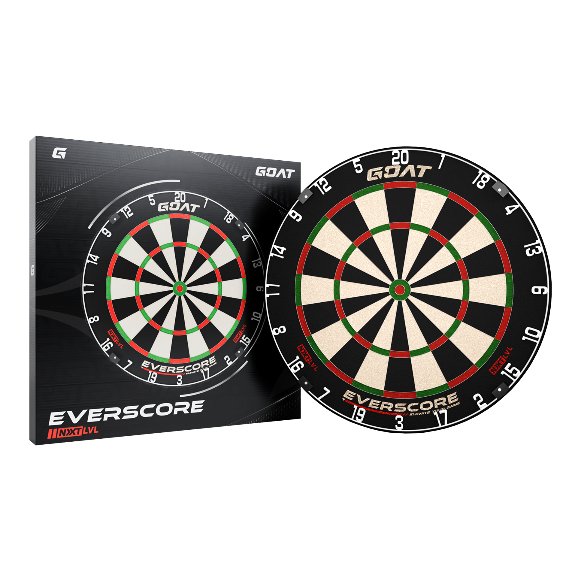 GOAT Everscore Steel Dartbord Das Bild zeigt das Produkt "GOAT Everscore Steeldartboard" zusammen mit seiner Verpackung. Das Dartboard hat ein klassisches Design mit schwarzen, weißen, roten und grünen Feldern.