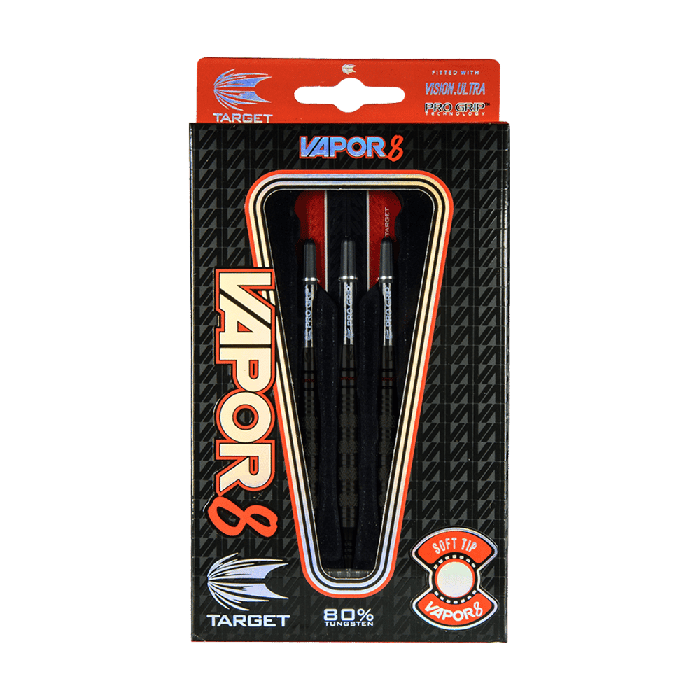 Das Bild zeigt eine Verpackung der Target Vapor8 03 Softdarts mit einem Gewicht von 19g. Die Darts sind in einer schwarz-roten Box sichtbar und bestehen zu 80% aus Tungsten.