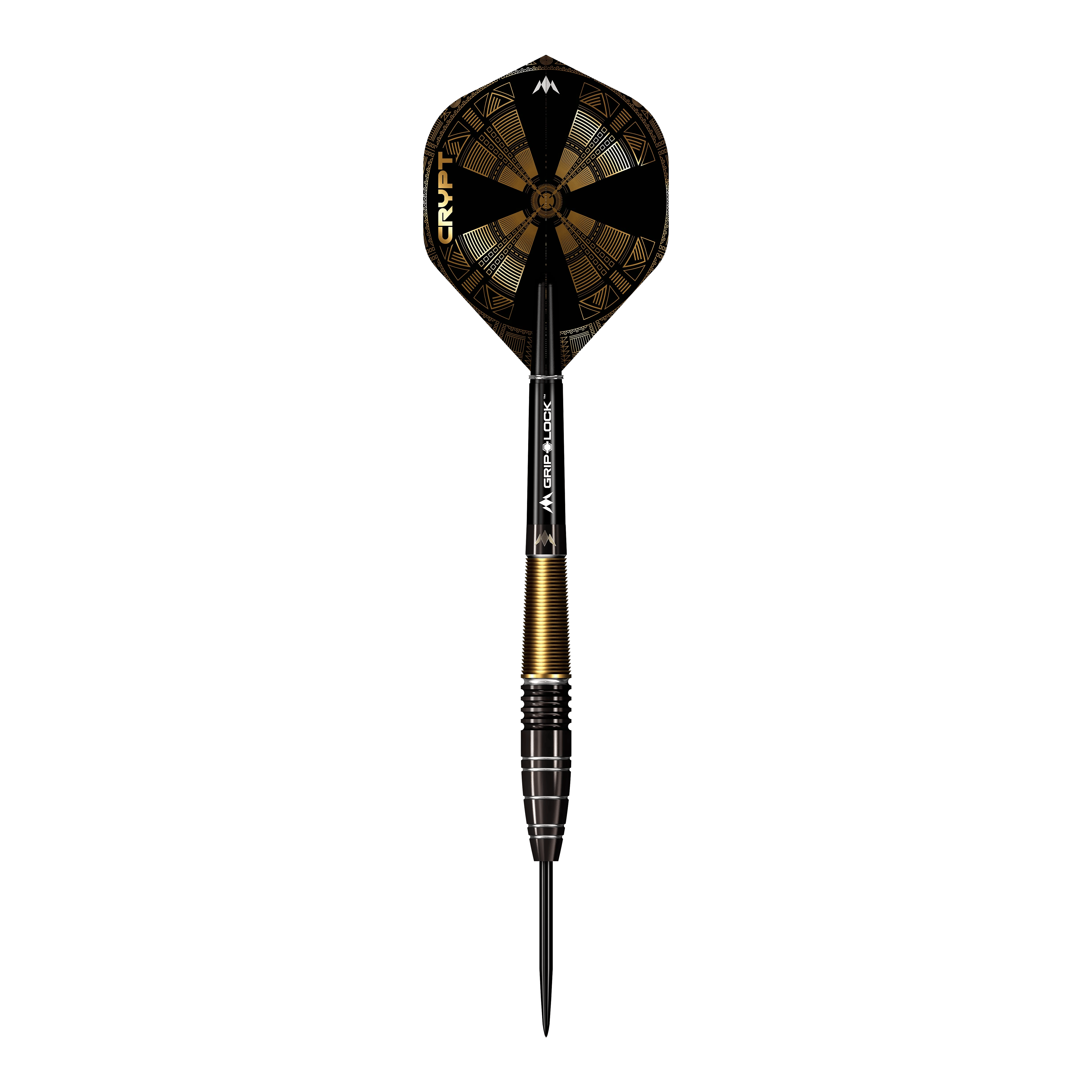 Mission Crypt Model 1 Steel Darts - 22g Das Bild zeigt einen Mission Crypt Model 1 Steeldart mit einem Gewicht von 22g. Der Dart ist schwarz-gold gefärbt und hat ein geometrisches Design auf dem Flight.