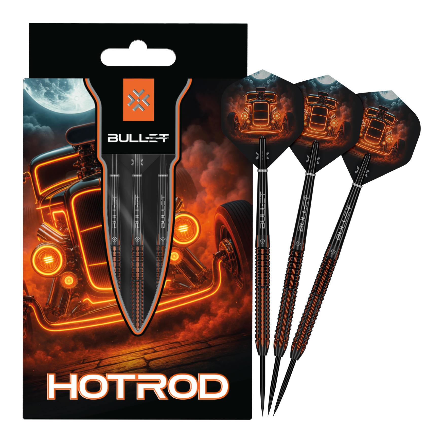 Bullet Hotrod stalen dartpijlen Bullet Hotrod Steeldarts sind zu sehen. Das Bild zeigt das vollständige Set der Steeldarts.