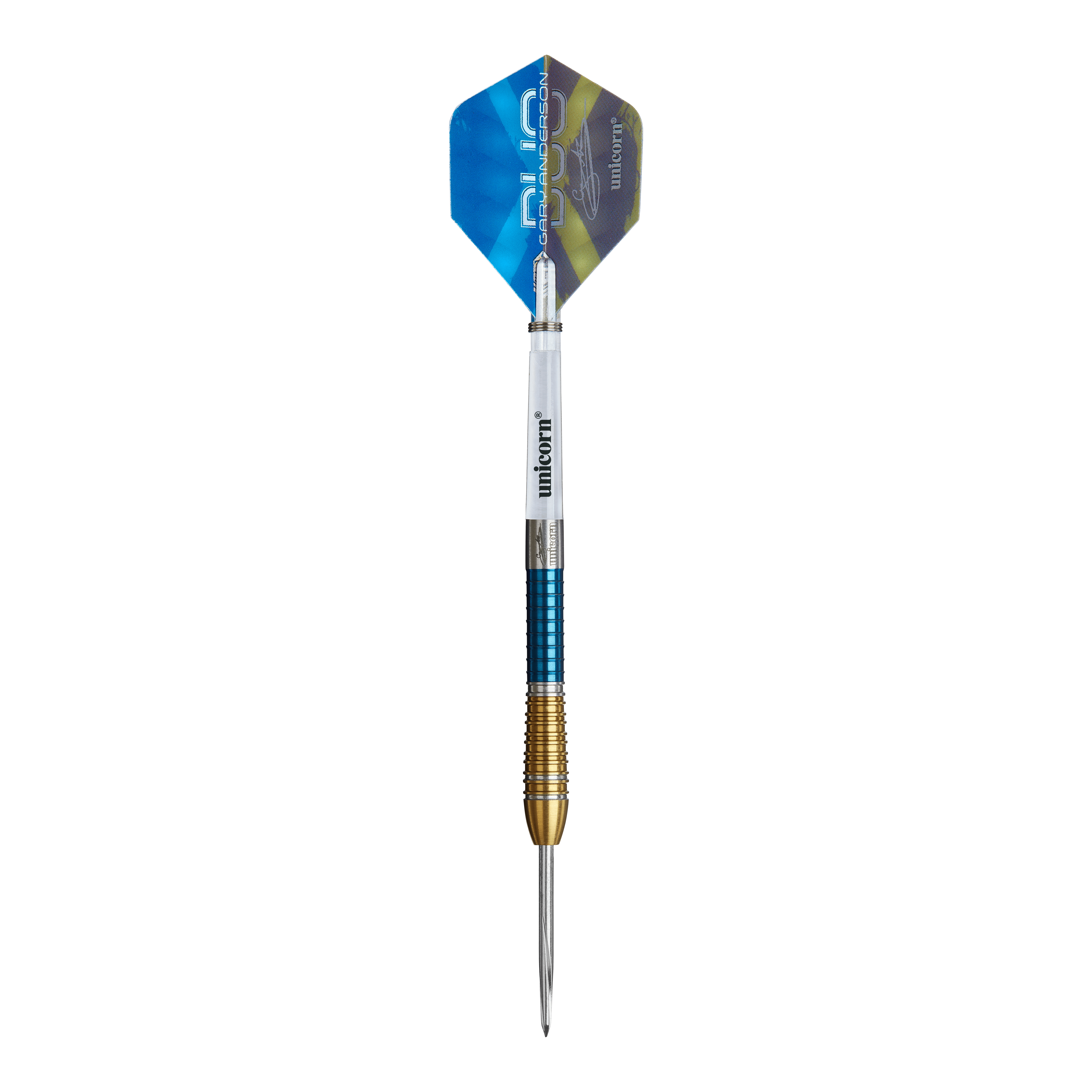 Unicorn Gary Anderson Duo Phase 6 Steeldarts Das Bild zeigt den Unicorn Gary Anderson Duo Phase 6 Steeldart. Der Dartpfeil hat einen blauen, goldenen und weißen Schaft mit einer blauen und grünen Flights.