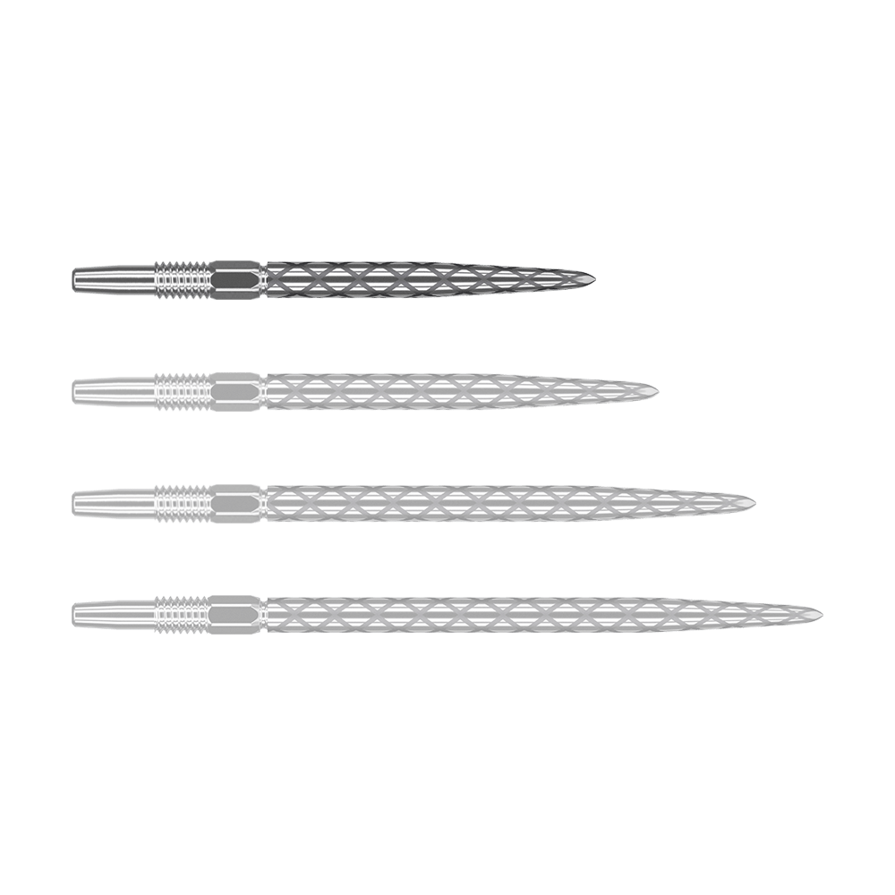 Target Swiss Diamond Pro Silver Points dartpunten Das Bild zeigt vier silberne Dartspitzen mit einem rautenförmigen Muster. Sie sind nebeneinander auf weißem Hintergrund angeordnet.