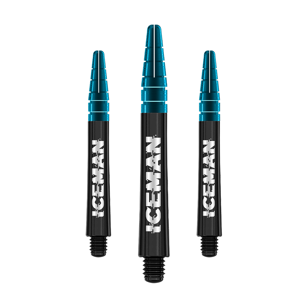 Das Bild zeigt drei schwarze Red Dragon Nitrotech Gerwyn Price Dartshafts mit blauem oberen Ende. Auf jedem Shaft steht das Wort "ICEMAN" in großen, weißen Buchstaben.