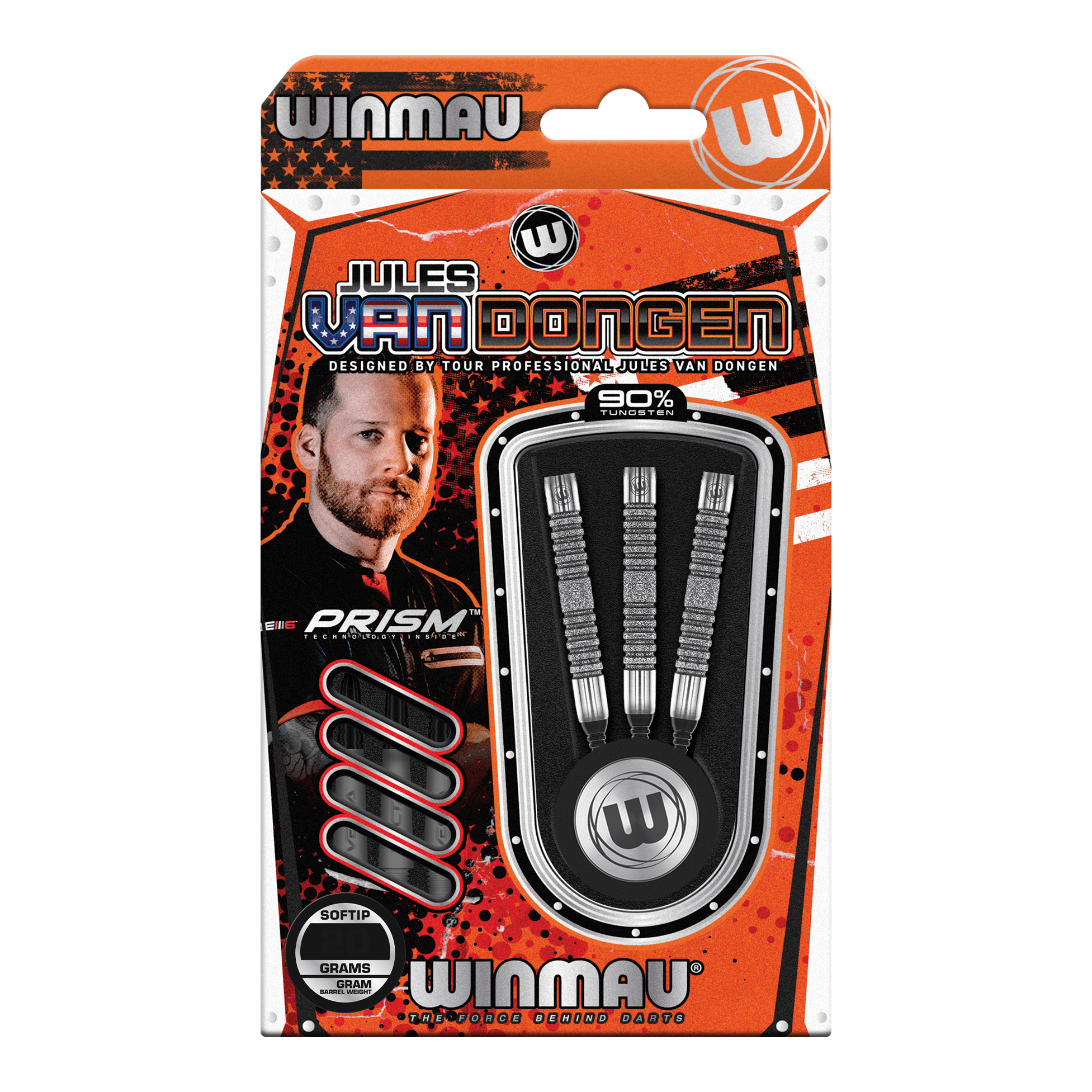 Winmau Jules Van Dongen zachte dartpijlen - 20g Das Bild zeigt eine Verpackung der "Winmau Jules Van Dongen Softdarts - 20g". In der Packung befinden sich drei Softdarts mit 90% Tungsten.