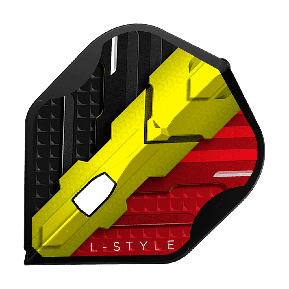 Das Bild zeigt ein L-Style V-Series V1 Type C Belgium Black L1PRO Flight. Das Flight ist in den Farben Schwarz, Gelb und Rot gestaltet, ähnlich der belgischen Flagge.