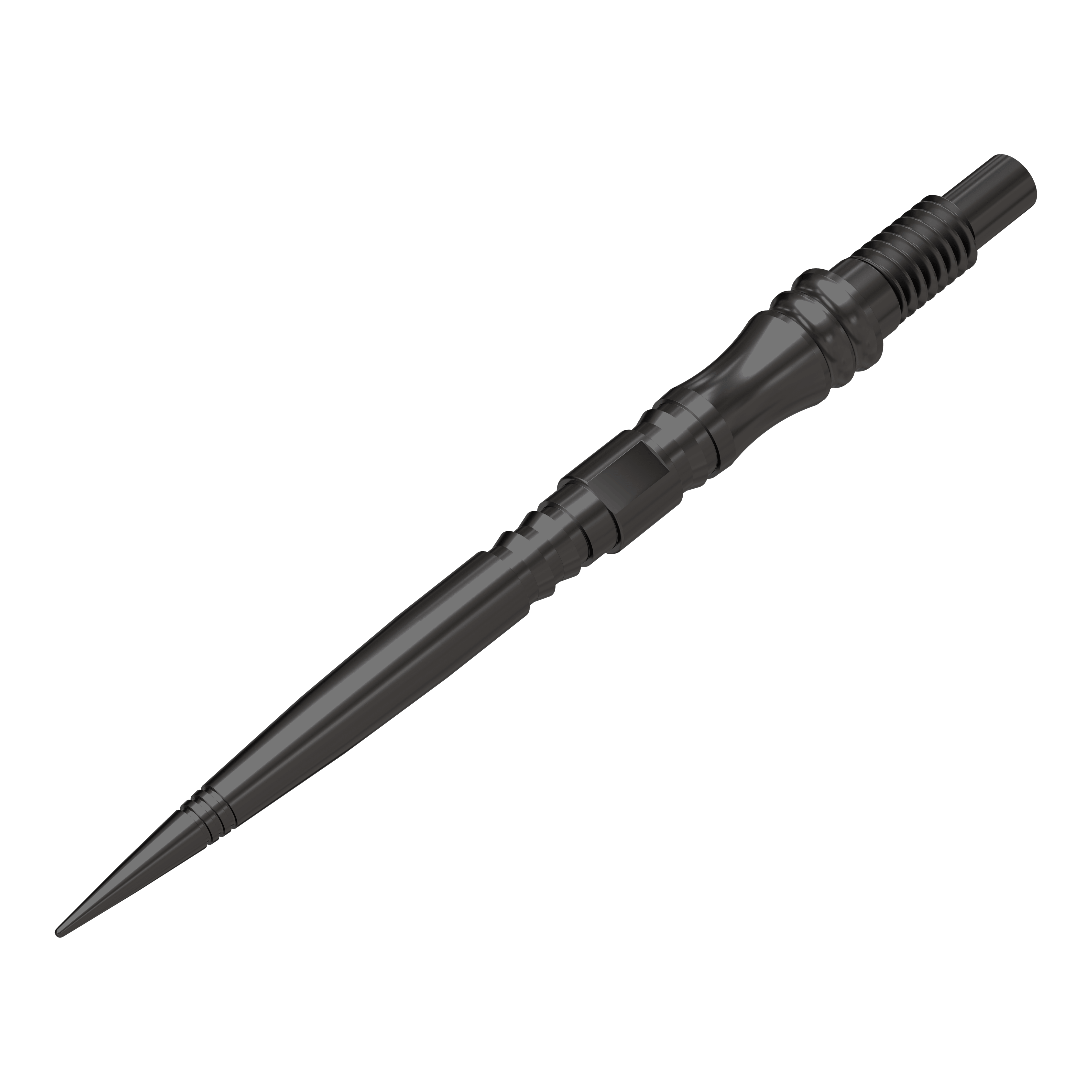 Harrows Quick Point Apex Axis Elite Series Dartspitzen - Schwarz Mehrere schwarze Dartspitzen liegen nebeneinander angeordnet. Das Profil jeder Spitze ist klar zu erkennen.