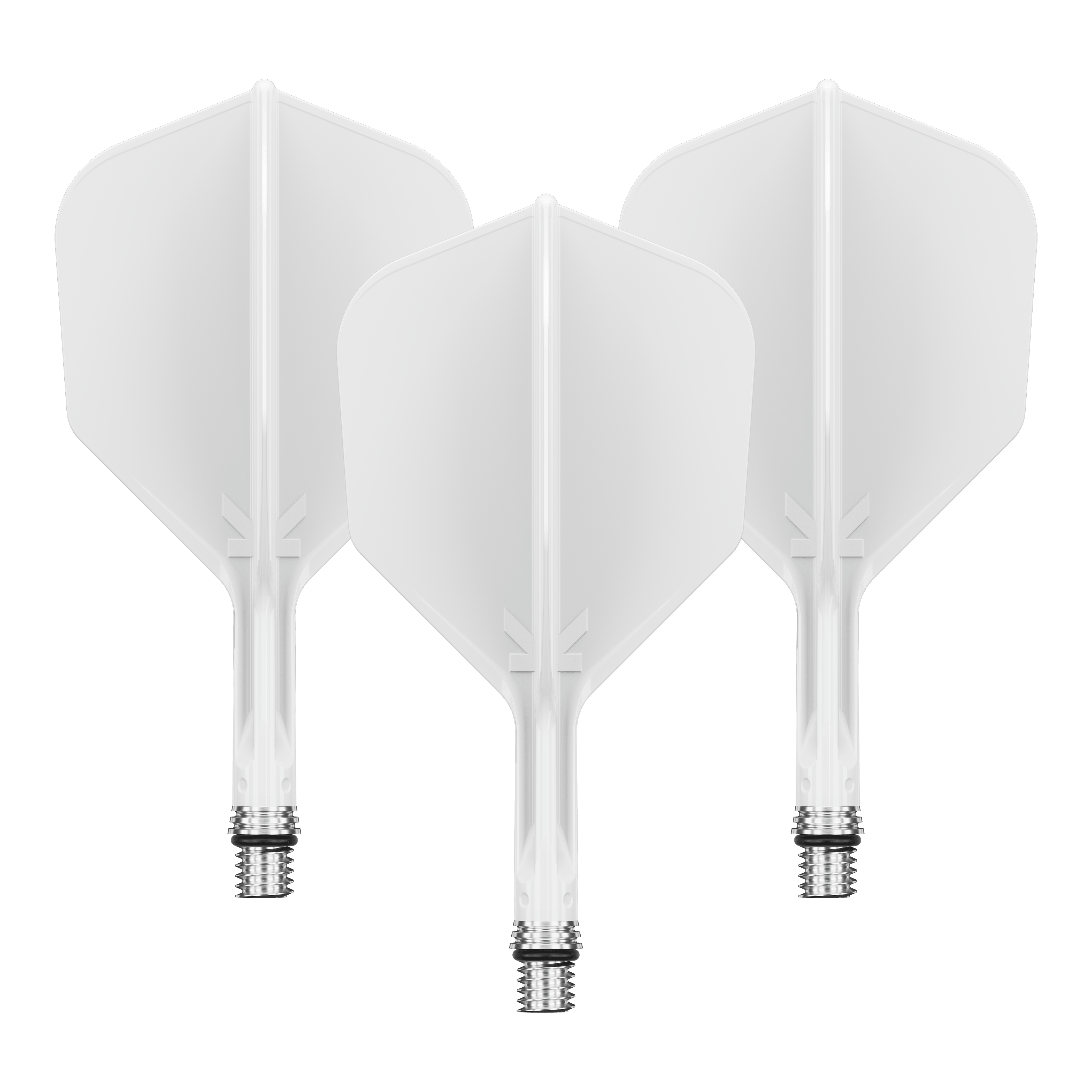 Target K-Shift nr. 6 vluchten - wit Zu sehen ist ein Flight-Set namens 410540_Target_KShift_No6_Flights_Wei_19mm_1Set. Mehrere weiße Flights sind gemeinsam präsentiert.