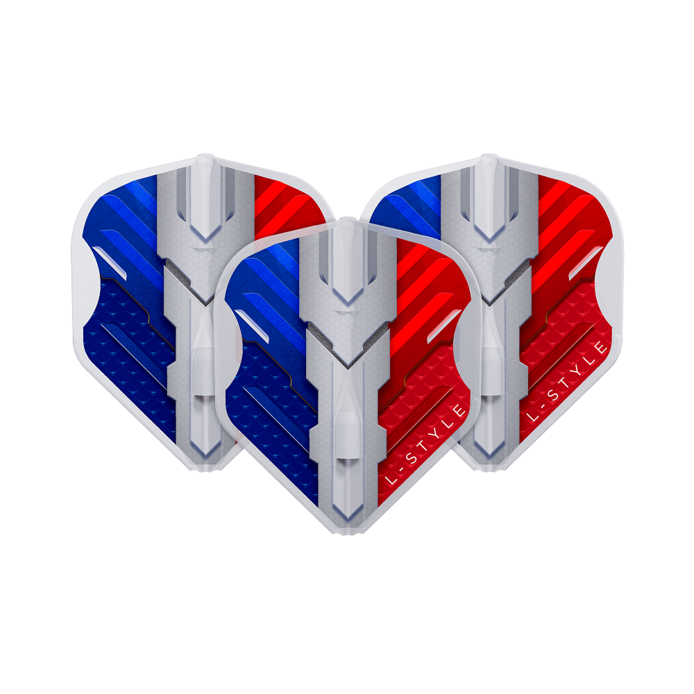 L-Style V-Serie V1 Type B Frankrijk Helder Wit L1EZ Vluchten Das Bild zeigt drei Dartflights in den Farben Blau, Weiß und Rot, die die französische Flagge darstellen. Auf den Flights steht der Markenname "L-Style" und sie haben ein modernes, technisches Design.