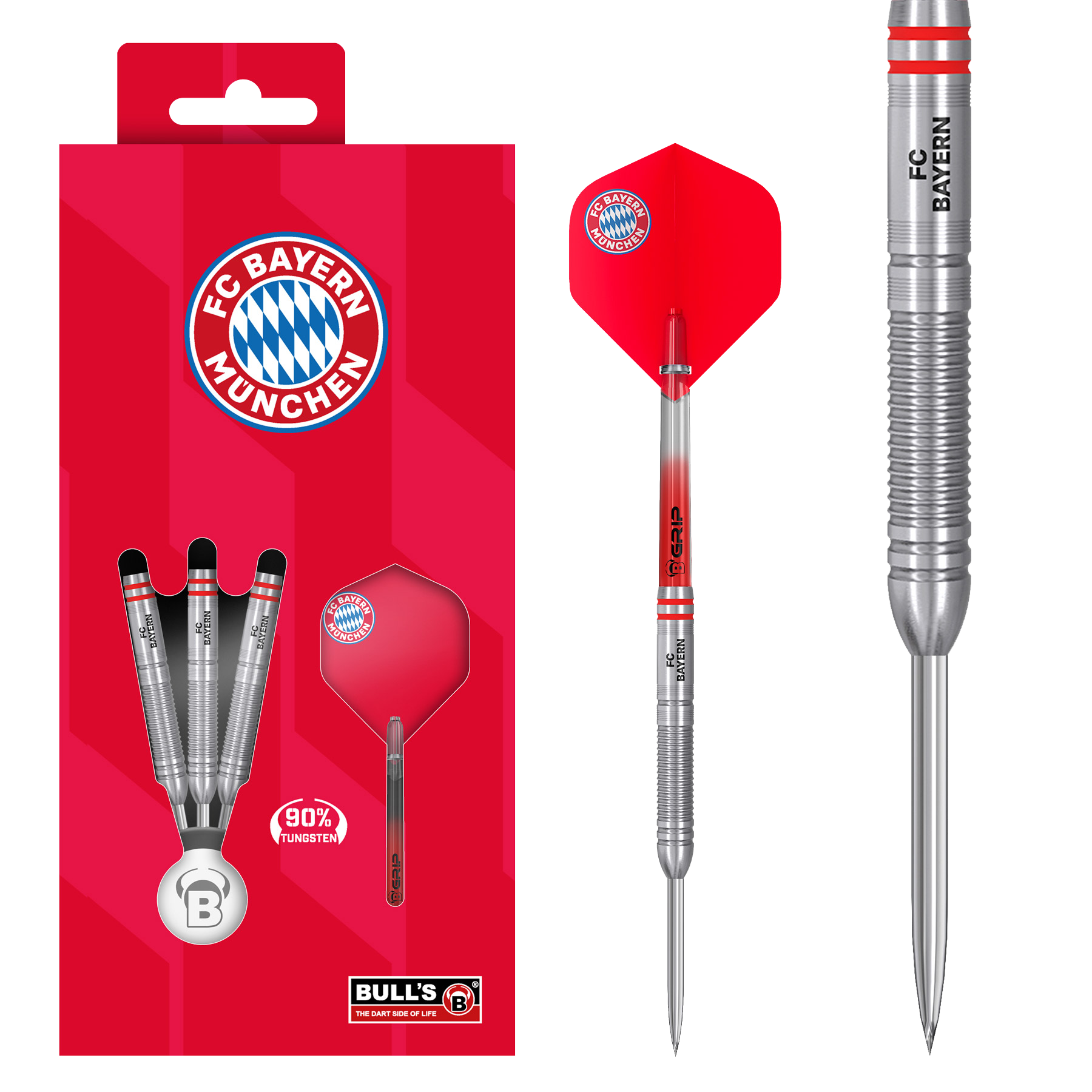 Bulls FC Bayern München Tungsten Steel darts Zu sehen sind die Bulls FC Bayern München Tungsten Steeldarts. Das Produkt spricht Dartspieler und Bayern München Fans an.
