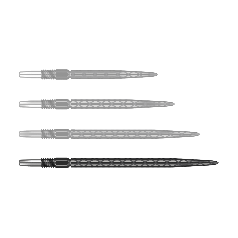 Target Swiss Diamond Pro Black Points dartpunten Auf dem Bild sind vier schwarze Dartspitzen mit einem diamantförmigen Muster zu sehen. Sie sind in einer waagerechten Reihe angeordnet.