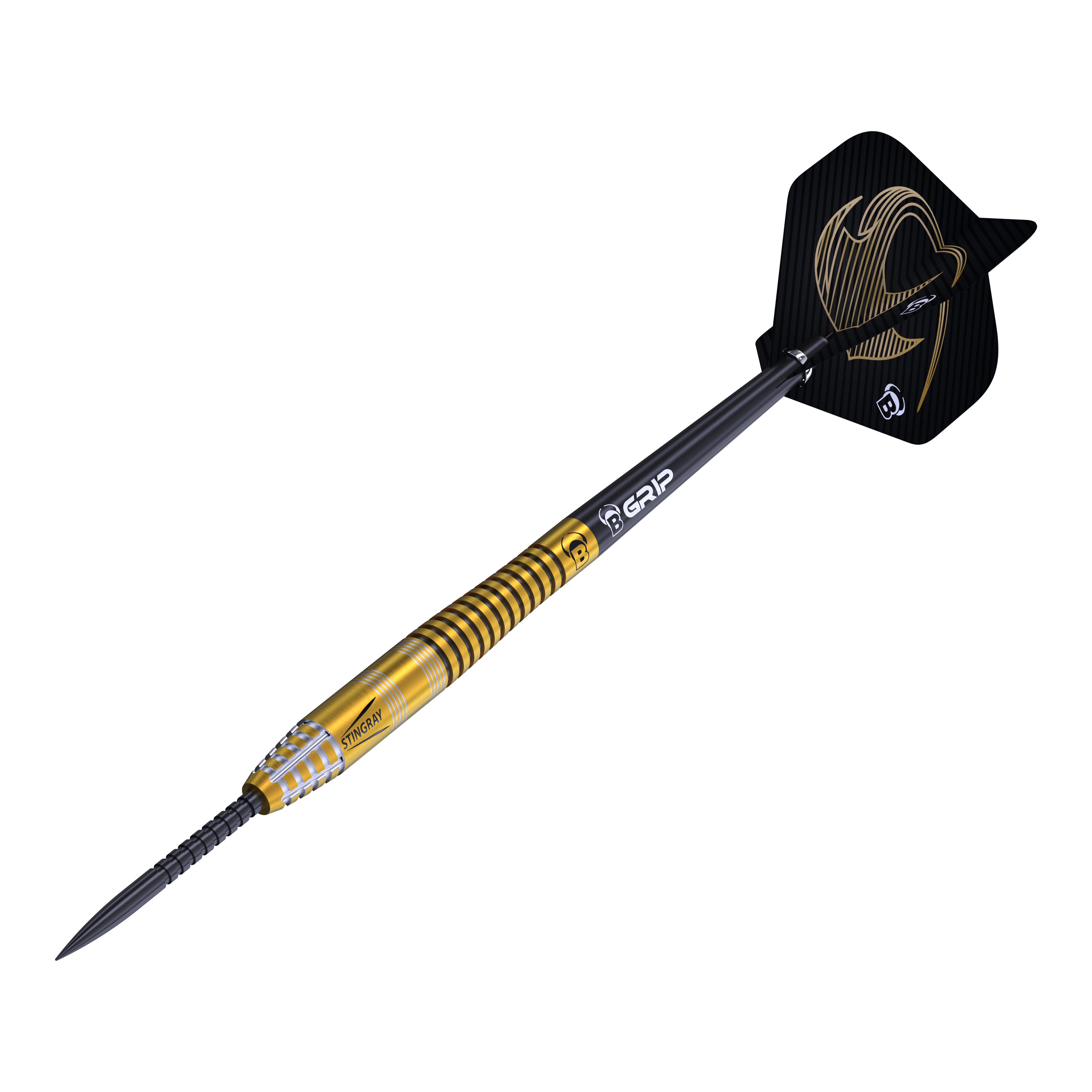 Bulls Stingray ST3 Steeldarts Das Bild zeigt einen Steeldart aus der Bulls Stingray ST3 Serie. Der Dart hat einen goldfarbenen Schaft mit schwarzen Ringen und eine schwarze Flügelspitze mit goldener Verzierung.