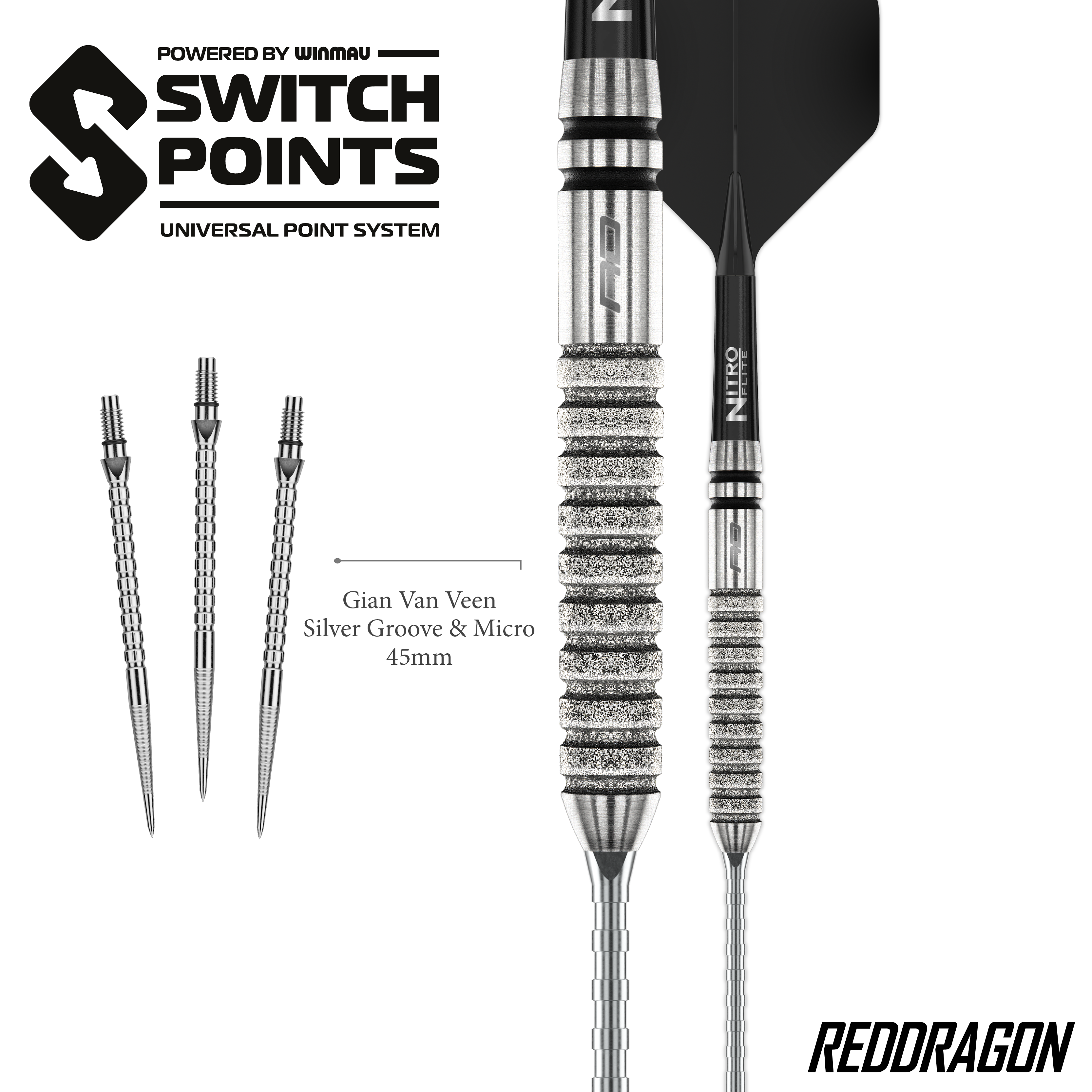 Red Dragon Gian Van Veen Tour Edition Switch Point Steeldarts - 21 g Gezeigt werden die Red Dragon Gian Van Veen Tour Edition Switch Point Steeldarts - 21g aus einer anderen Perspektive. Das Design ist sportlich und funktional.