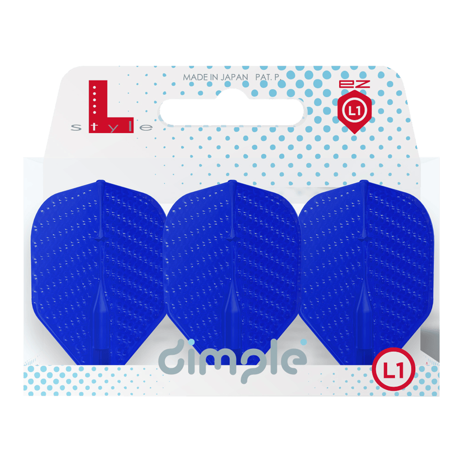 L-Style Flights Dimple Champagne L1EZ Standaard Auf dem Bild sind drei blaue Dart-Flights in einer Verpackung zu sehen. Die Verpackung trägt die Aufschrift "dimple" und das Logo "L-style".