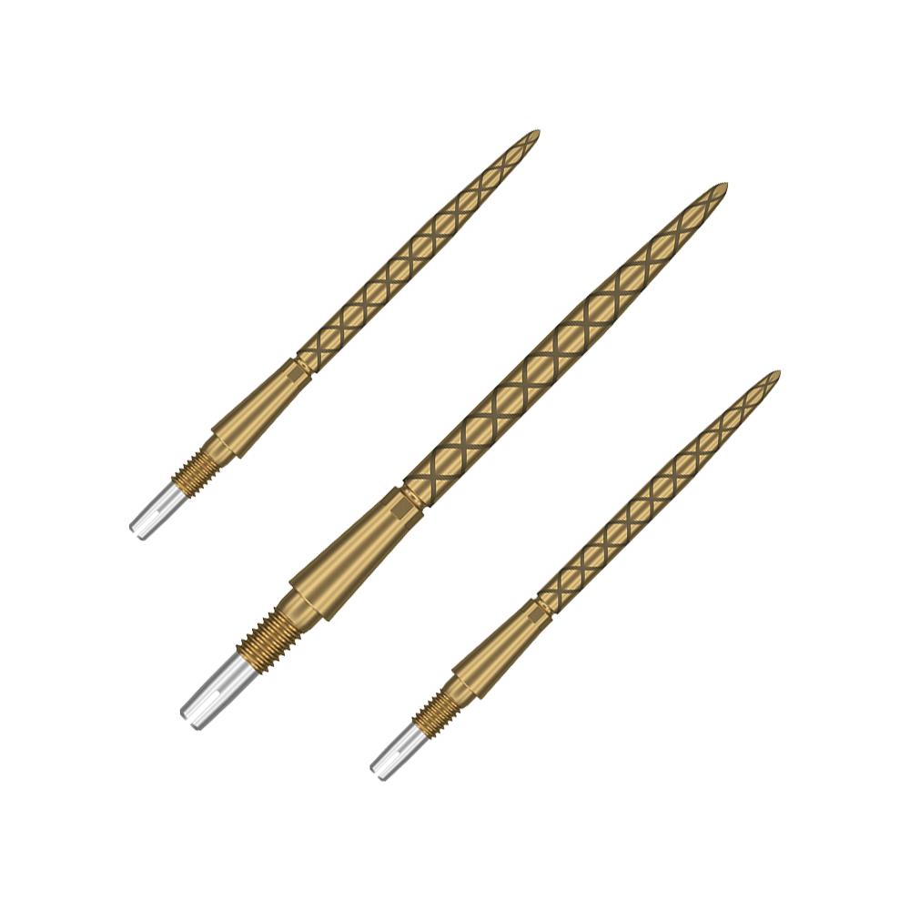 Target Swiss Storm Diamond Point Dartpunten - Goud Das Bild zeigt drei goldene Dartspitzen mit einem rautenförmigen Muster. Sie sind länglich und haben eine silberne Spitze zum Werfen.