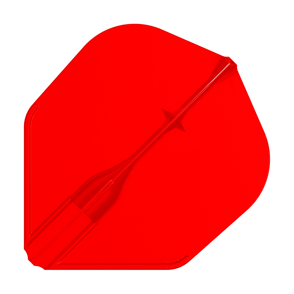 L-L-Style3EZ-vluchten Das Bild zeigt eine rote Dartflügel. Die Oberfläche ist glatt und hat eine symmetrische Form.
