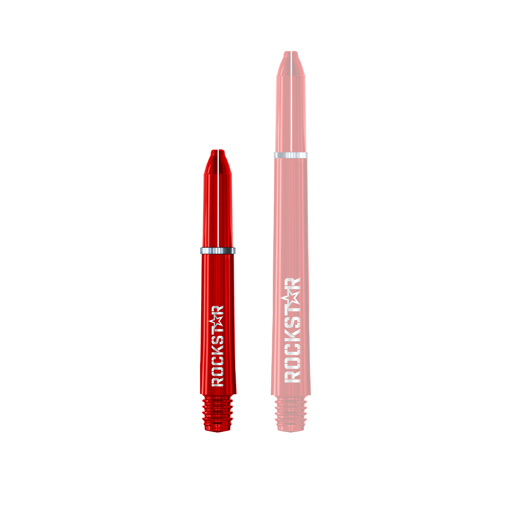 Winmau Joe Cullen Rockstar Nylon-schachten Das Bild zeigt zwei rote Dartschäfte in unterschiedlichen Längen. Auf beiden Schäften steht das Wort "ROCKSTAR" in weißer Schrift.
