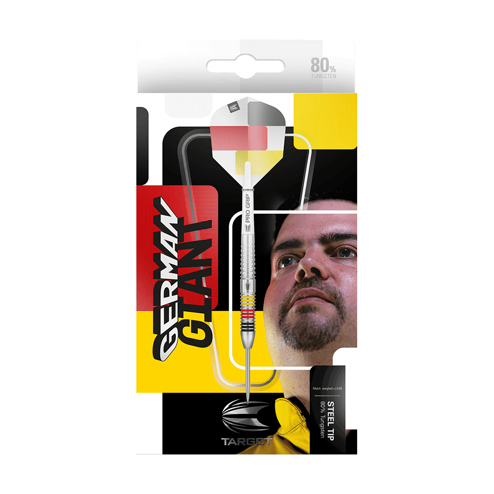 190098_Target_Gabriel_Clemens_80_Steeldarts_3 Die Abbildung zeigt die Verpackung der "Target Gabriel Clemens 80% Steeldarts". Auf der Verpackung sind ein Dartpfeil, ein Porträt eines Mannes und die Aufschrift "GERMAN GIANT" zu sehen.