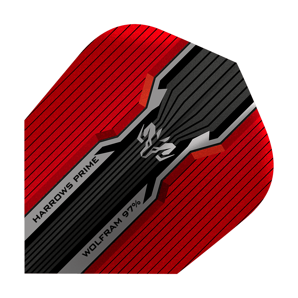 HR7514_Harrows_Prime_Wolfram_Infinity_No2_Standard_Flights_1 Das Bild zeigt ein Dartflight mit dem Namen „Harrows Prime Wolfram Infinity No2 Standard Flights“. Das Design ist rot und schwarz mit silbernen Akzenten und Schriftzügen.