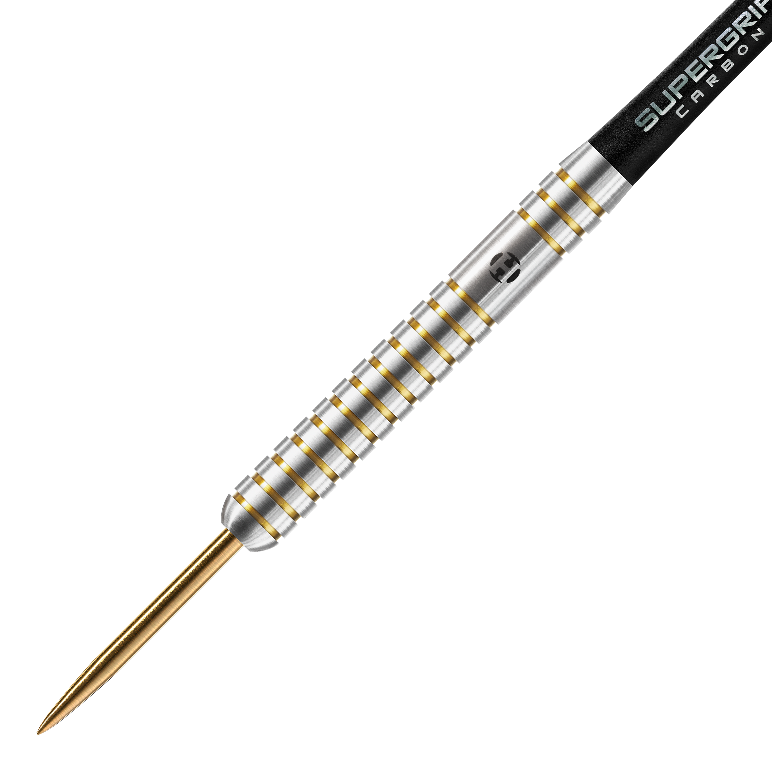 Harrows jubileumeditie De originele Steeldarts Das Bild zeigt einen Harrows Anniversary Edition The Original Steeldart. Der Dartpfeil hat ein silbernes Barrel mit goldenen Rillen und einer goldenen Spitze.