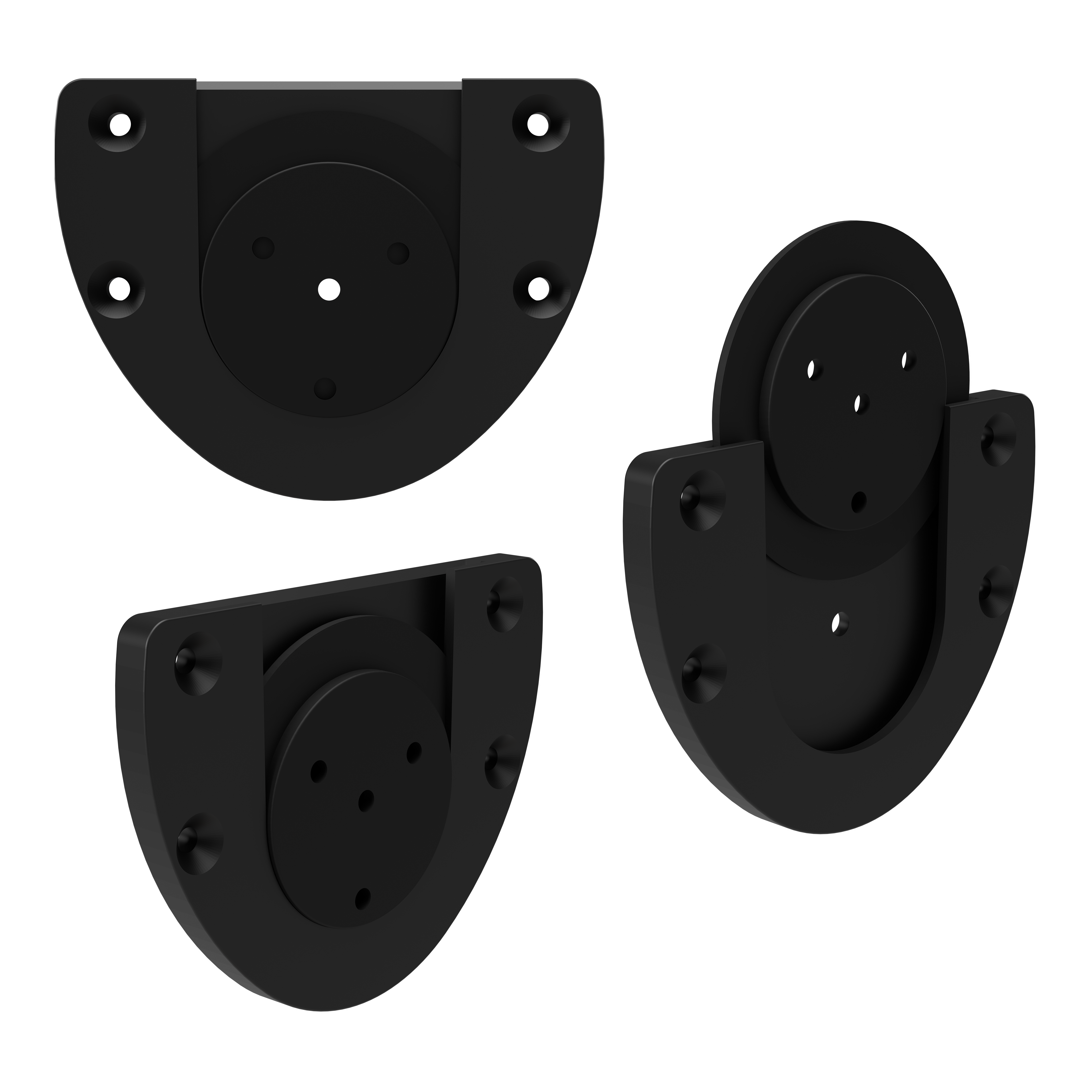 Bulls NL Dartbord Silencer Das Bild zeigt drei schwarze, halbkreisförmige Kunststoffteile mit Schraublöchern, die als Bulls NL Dartboard Silencer dienen. Sie werden verwendet, um das Geräusch beim Auftreffen der Darts auf das Board zu dämpfen.