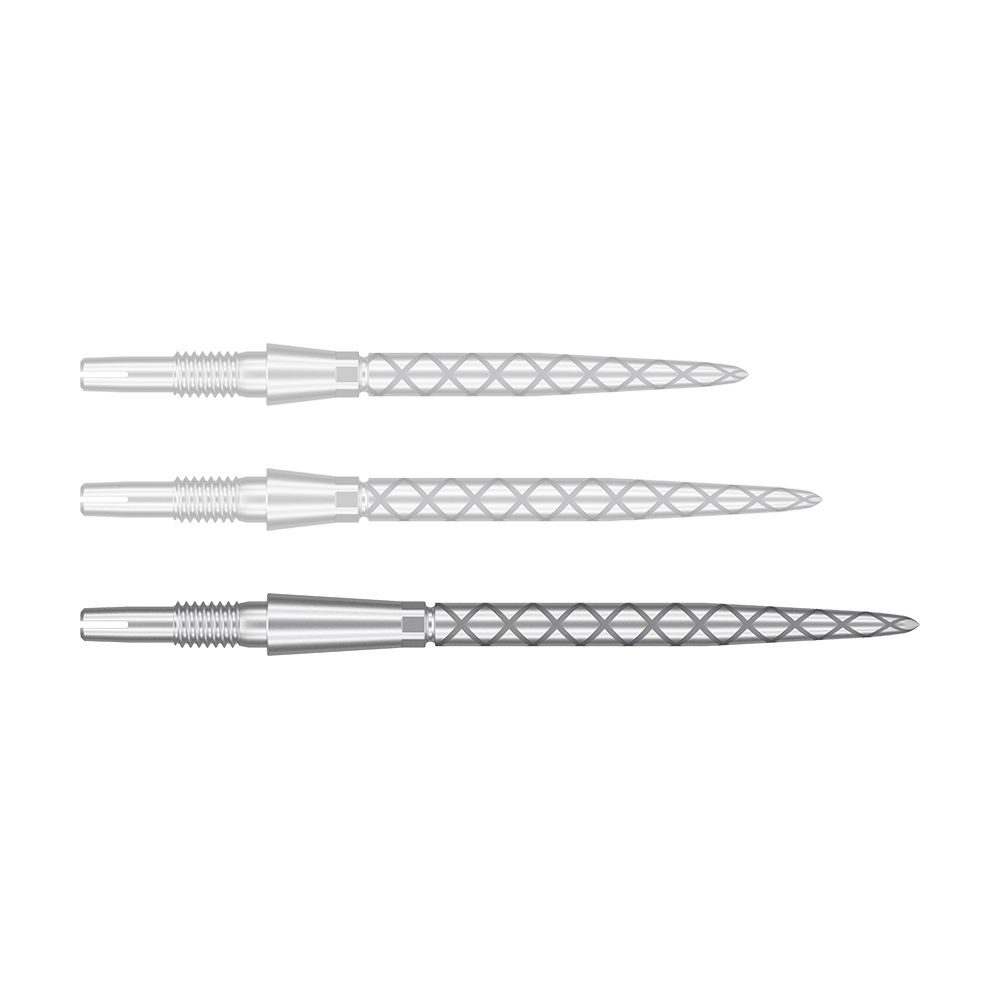 Target Swiss Storm Diamond Point Dartpunten - Zilver Das Bild zeigt drei silberne Dartspitzen mit einem Rautenmuster auf der Spitze. Sie sind nebeneinander und parallel ausgerichtet.