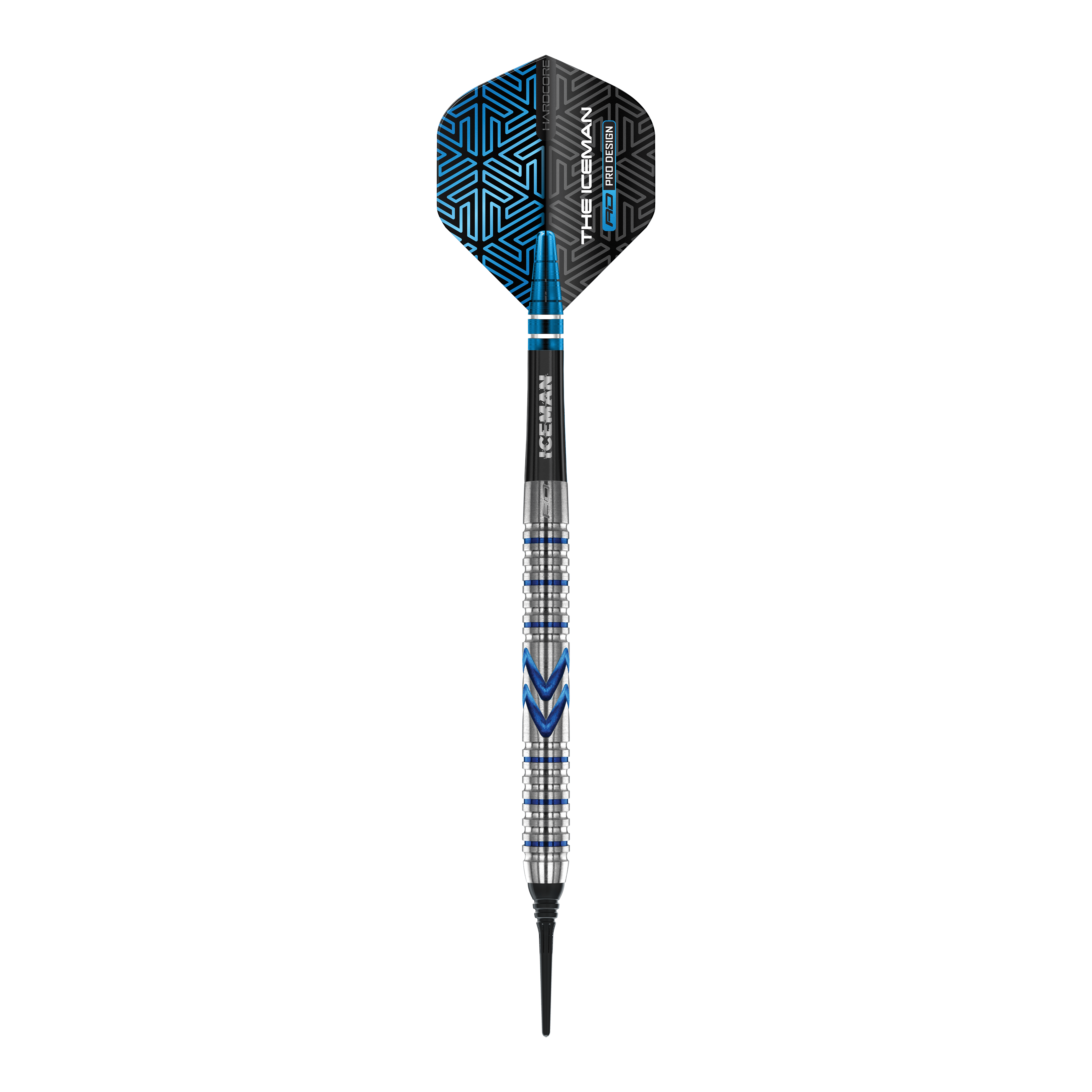 Red Dragon Gerwyn Price Iceman Midnight Edition Zachte Darts - 20g Der abgebildete Softdart ist der "Red Dragon Gerwyn Price Iceman Midnight Edition" mit einem Gewicht von 20g. Er hat ein modernes Design mit silbernen und blauen Akzenten sowie einer schwarzen Flights mit blauen Mustern.