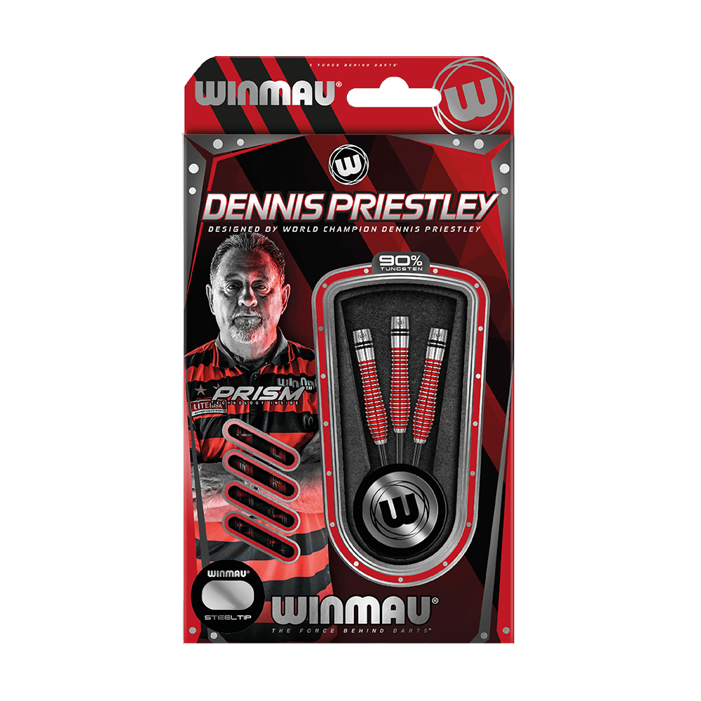 1436_Winmau_Dennis_Priestley_Special_Edition_2019_Steeldarts_3 Die Abbildung zeigt die "Winmau Dennis Priestley Special Edition Steeldarts" im Originalverpackung. Auf der Verpackung ist ein Bild von Dennis Priestley und die enthaltenen Darts zu sehen.