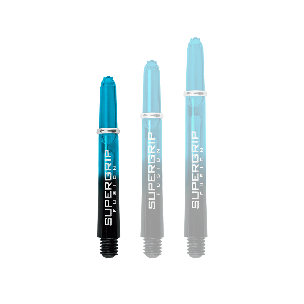 Das Bild zeigt drei Harrows Supergrip Fusion Shafts in der Farbe Aqua. Die Shafts haben einen blauen oberen Teil und einen schwarzen unteren Teil mit weißer Aufschrift.