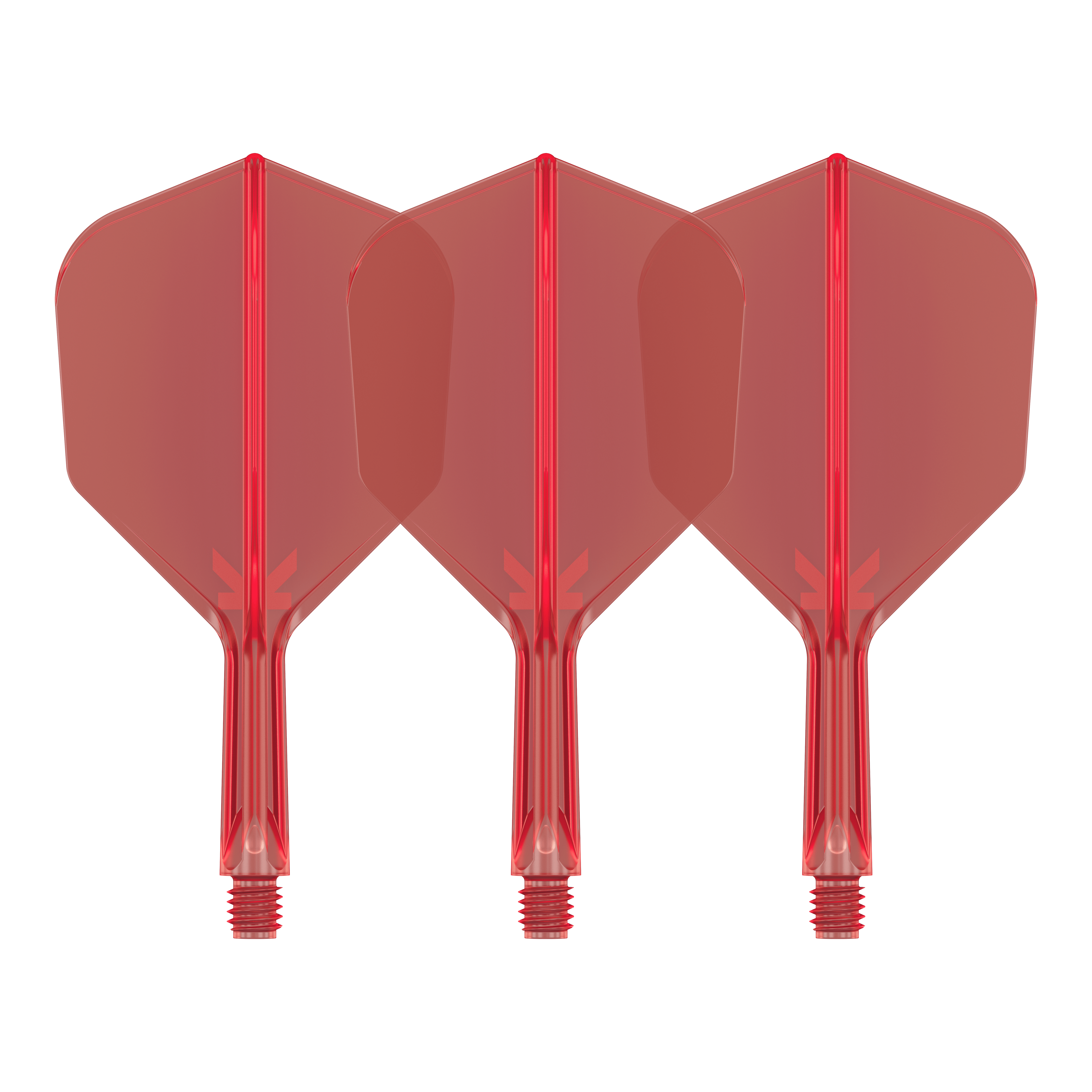 Target K-Flex No6 Vluchtsysteem - Rood Auf dem Bild sind drei rote Dart-Flights mit Shafts zu sehen. Sie sind identisch und stehen nebeneinander auf weißem Hintergrund.