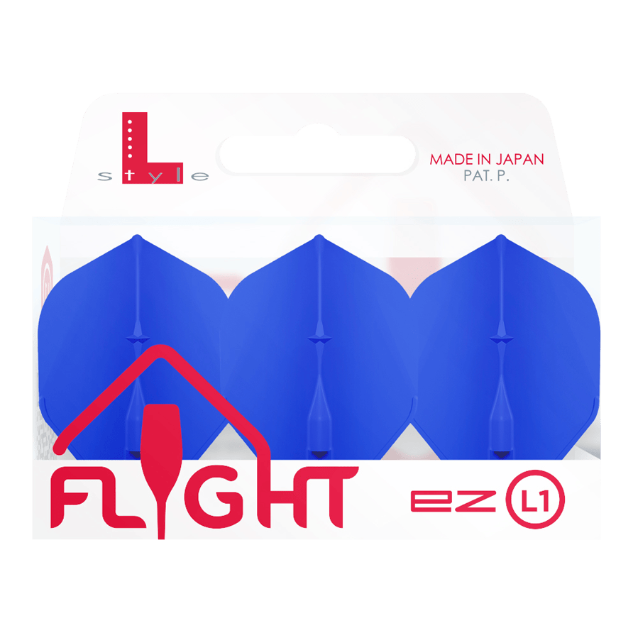 L-Style Champagne L1EZ Standaard Vluchten Das Bild zeigt eine Verpackung mit drei blauen Dart-Flights der Marke "L-Style Champagne L1EZ Standard". Auf der Verpackung steht "Made in Japan" und die Marke ist deutlich sichtbar.