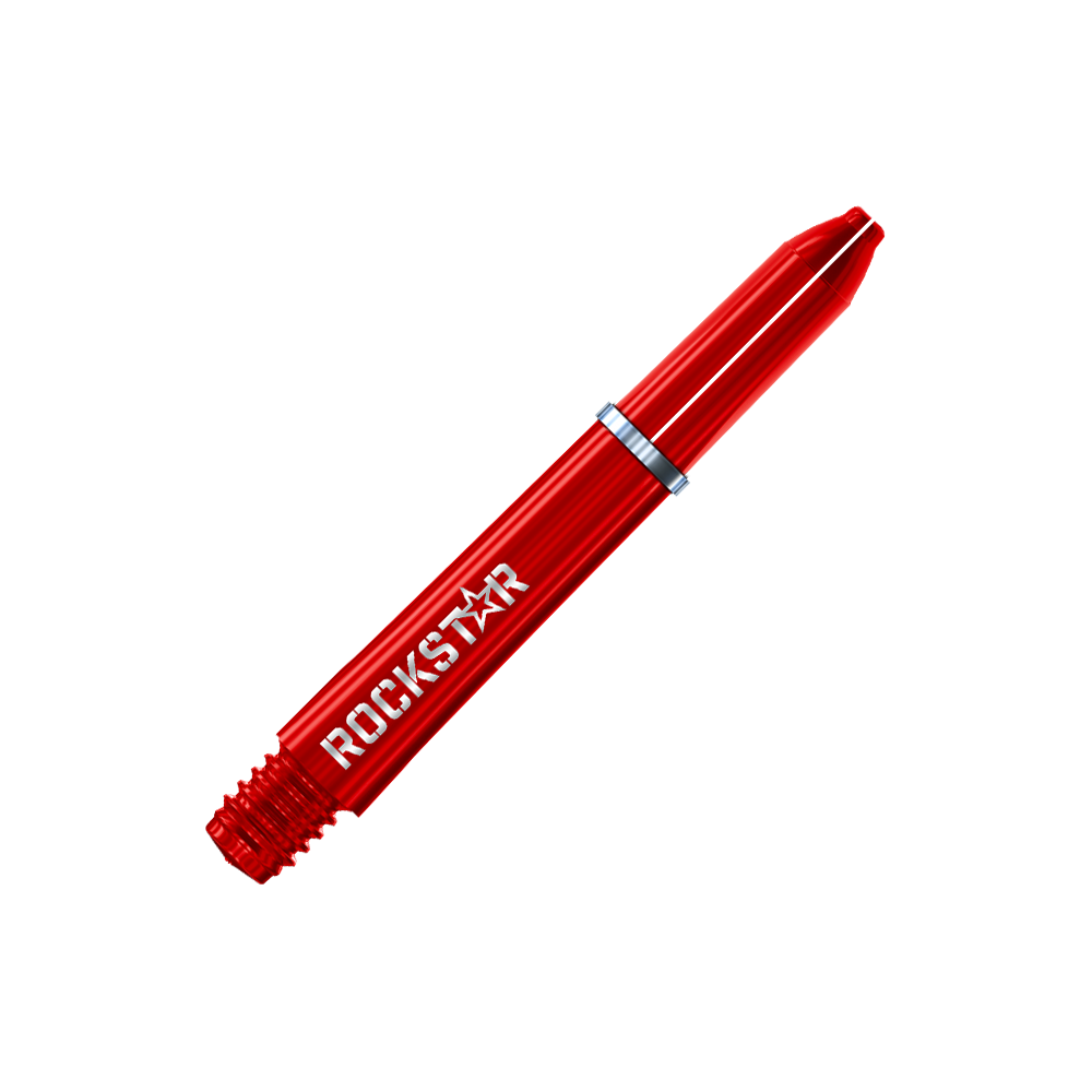 Winmau Joe Cullen Rockstar Nylon-schachten Das Bild zeigt einen roten Dart-Schaft mit der Aufschrift „ROCKSTAR“. Der Schaft hat eine glänzende Oberfläche und einen silbernen Ring in der Mitte.