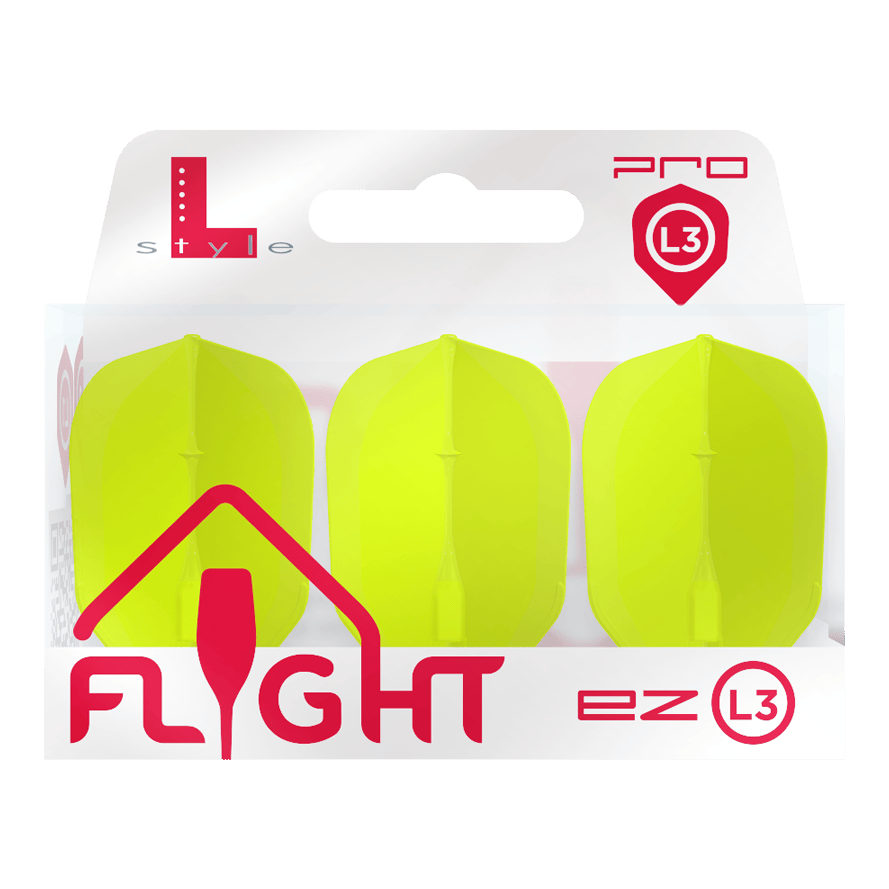 L-L-Style3EZ-vluchten Das Bild zeigt eine Packung mit drei neon-gelben Dart-Flights der Marke L-Style. Auf der Verpackung steht „FLIGHT ez L3 Pro“.