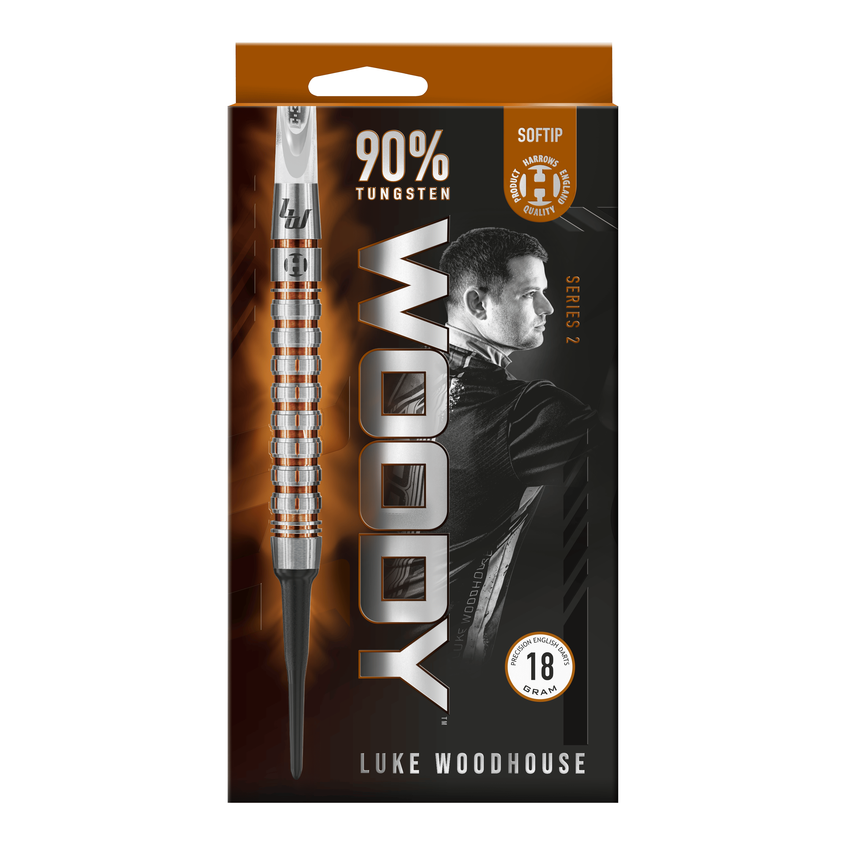 Harrow's Luke Woodhouse Series 2 Zachte Darts - 18g Die Verpackung zeigt die Harrows Luke Woodhouse Series 2 Softdarts mit einem Gewicht von 18 Gramm. Auf der Vorderseite ist ein großes Bild eines Softdarts sowie das Porträt von Luke Woodhouse abgebildet.