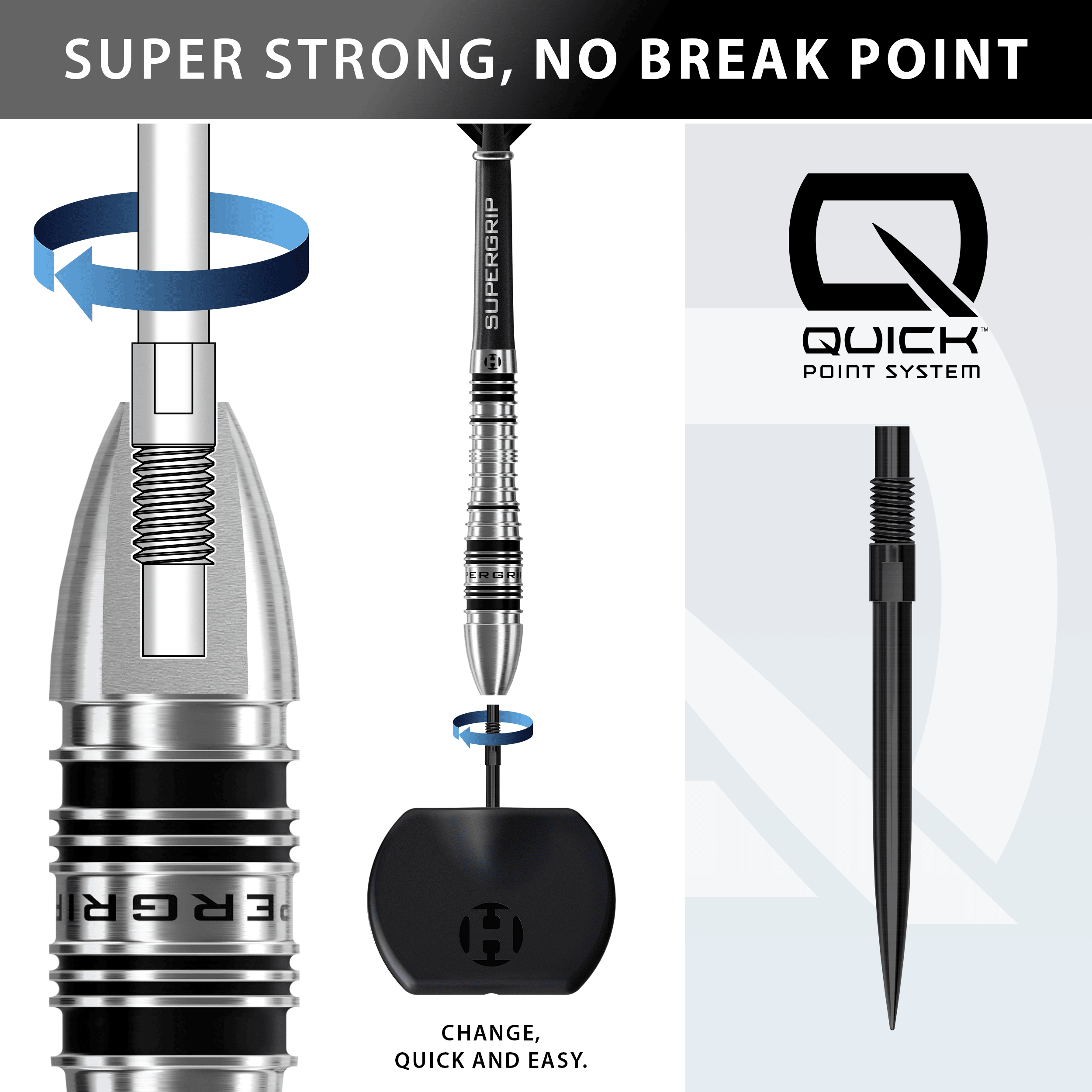 Harrows Supergrip Bomb Quick Point stalen dartpijlen Auf dem Bild sieht man die Harrows Supergrip Bomb Quick Point Steeldarts. Diese Darts sind ideal für ambitionierte Dartspieler.
