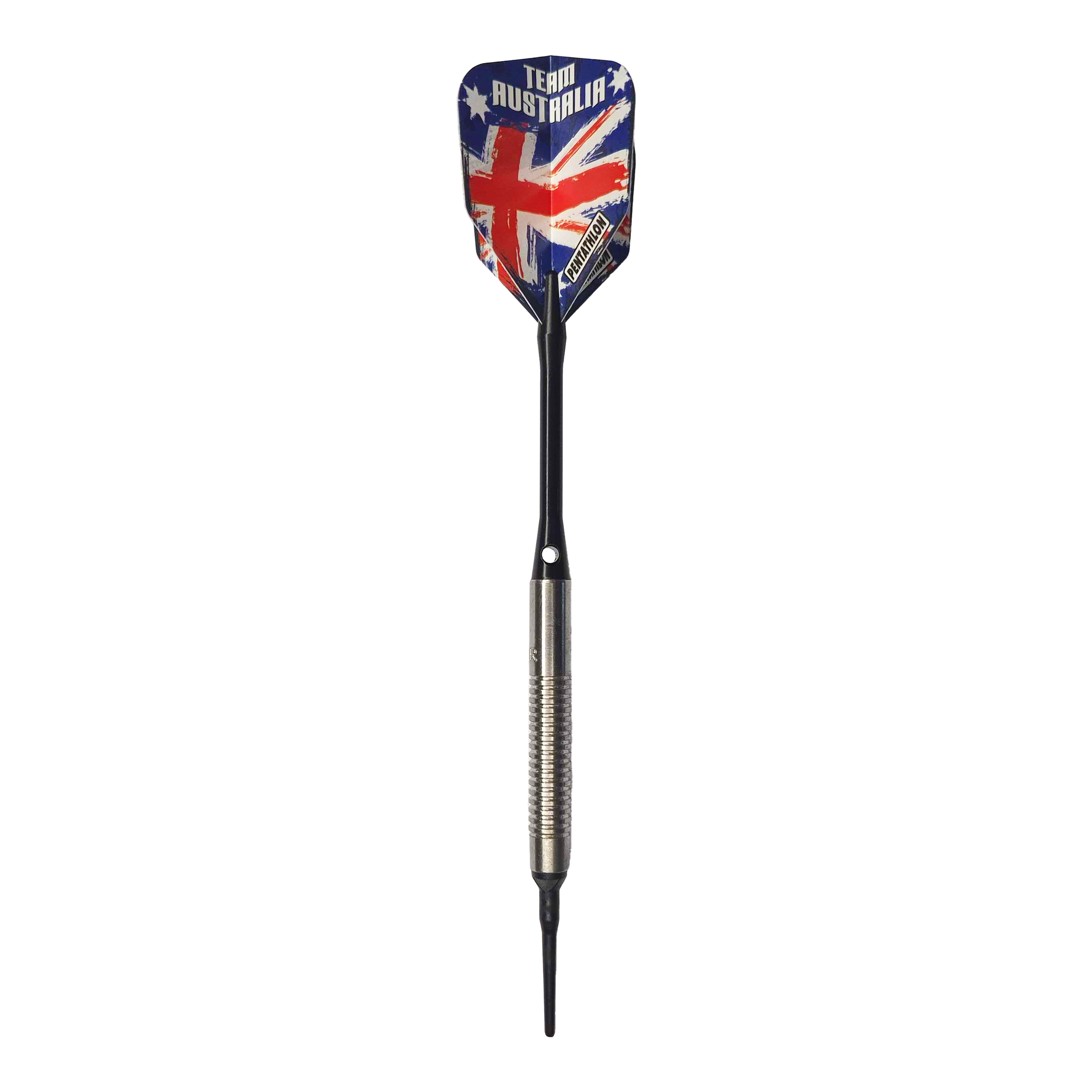 McDart 85 Tungsten V8 Soft Darts - 18,5 g Auf dem Bild ist ein Softdart mit einer silbernen Griffzone und langer schwarzer Spitze zu sehen. Die Dart-Flügel zeigen das Design der australischen Flagge mit der Aufschrift "TEAM AUSTRALIA".
