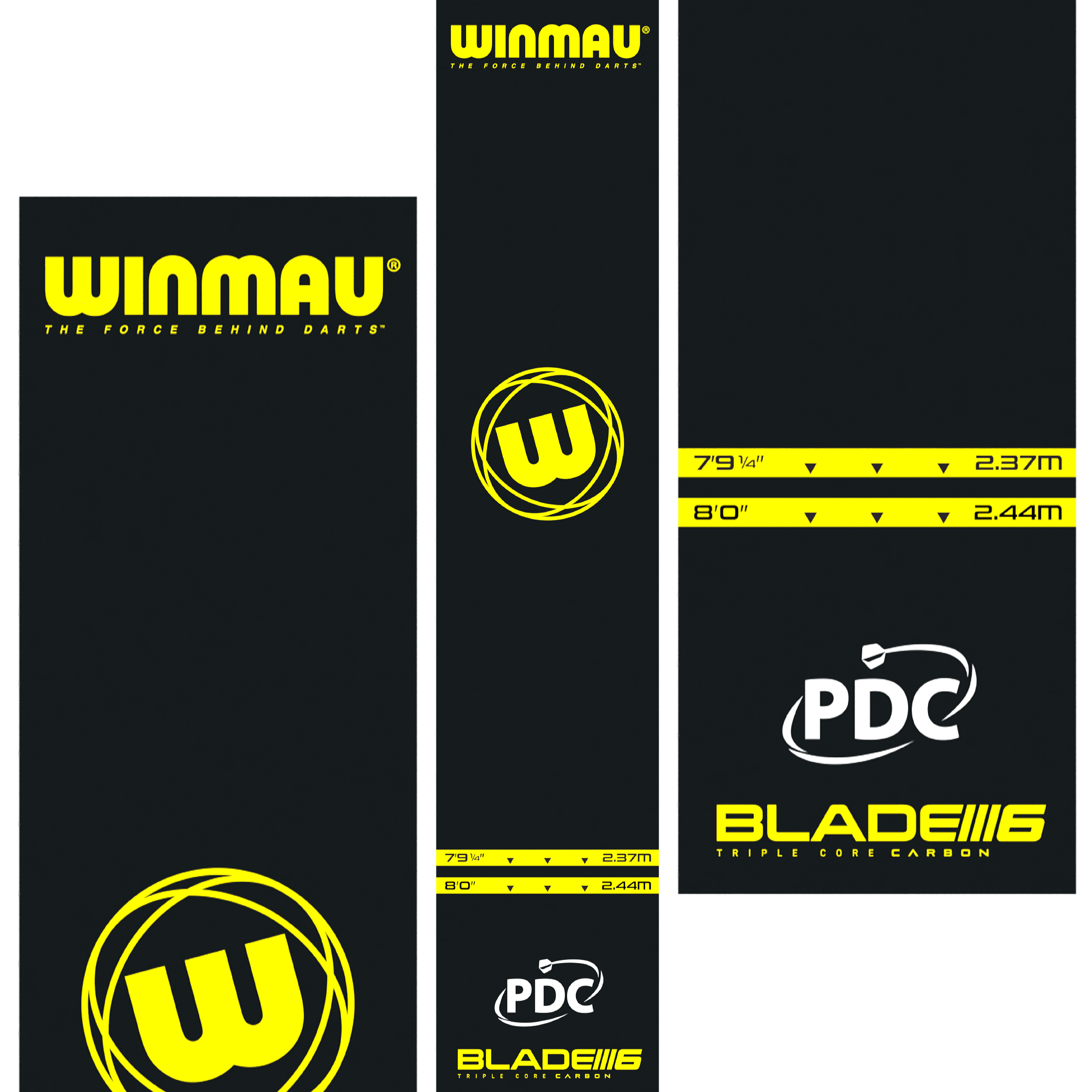 Winmau Pro-Zone Essential PVC dartmat Das Bild zeigt die Winmau Pro-Zone Essential PVC Dartmatte mit auffälligen gelben Logos und Markierungen. Die Matte zeigt Abwurflinien in den Längen 2,37 m und 2,44 m sowie die Logos von Winmau, PDC und Blade 6.