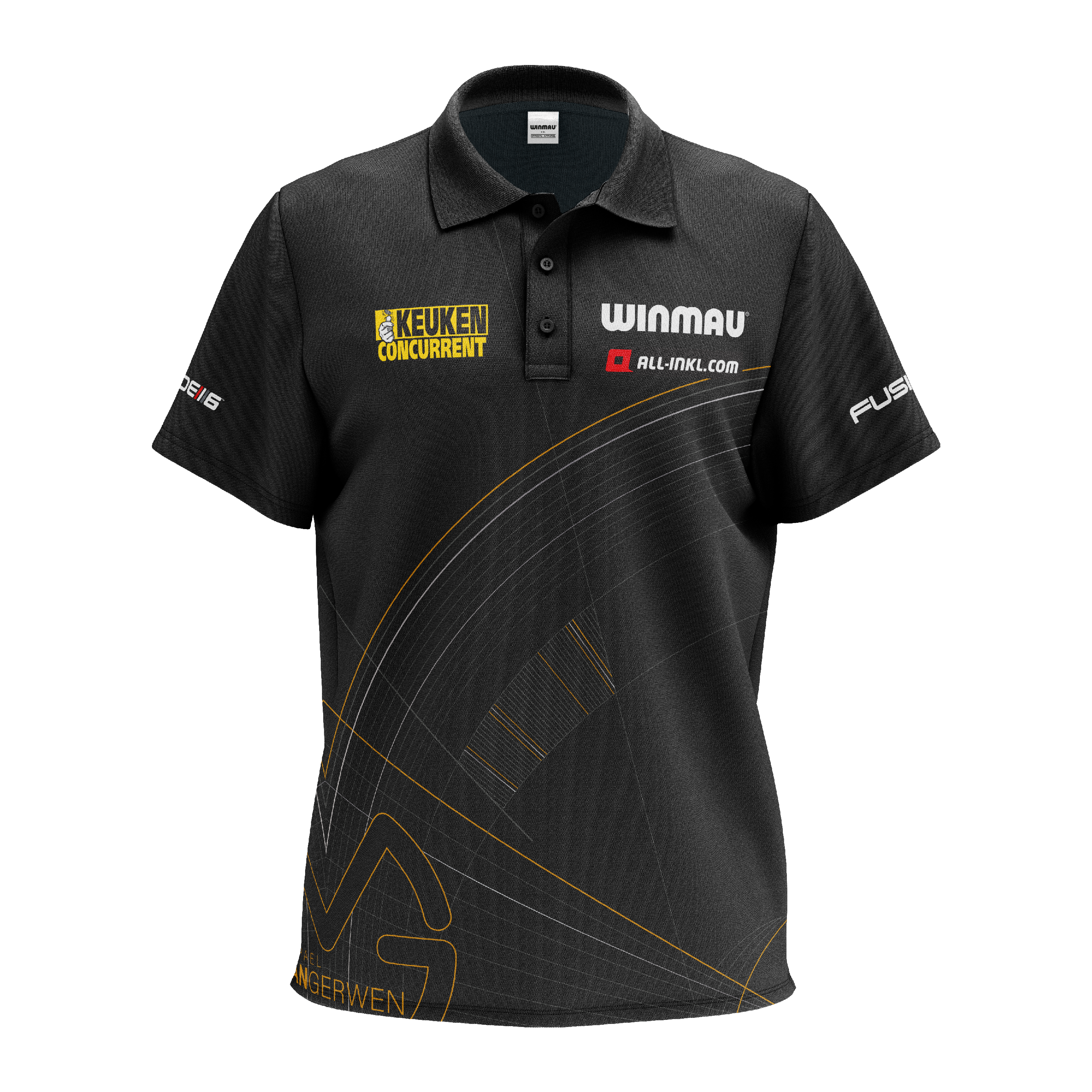 Winmau Limited Edition Tour-polo-dartshirt Das Bild zeigt ein schwarzes Polo-Dartshirt mit verschiedenen Logos und Sponsorenaufdrucken. Das Shirt ist das "Winmau Limited Edition Tour Polo Dartshirt".