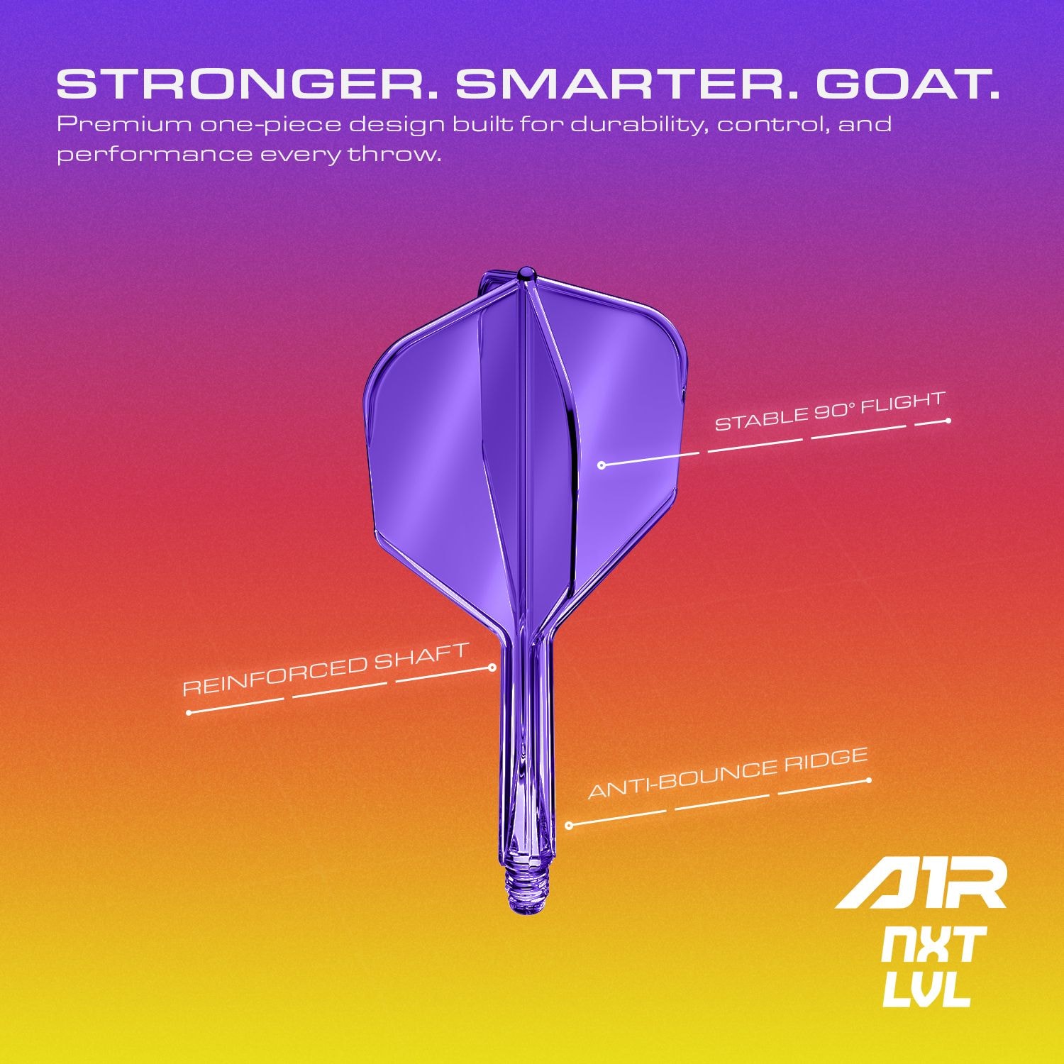 GOAT A1R No6 Flight Shaft System - Neonpaars Abgebildet ist das GOAT A1R No6 Flight-Shaft-System in leuchtendem Neon Lila. Es ist speziell für den Einsatz im Dartsport konzipiert.