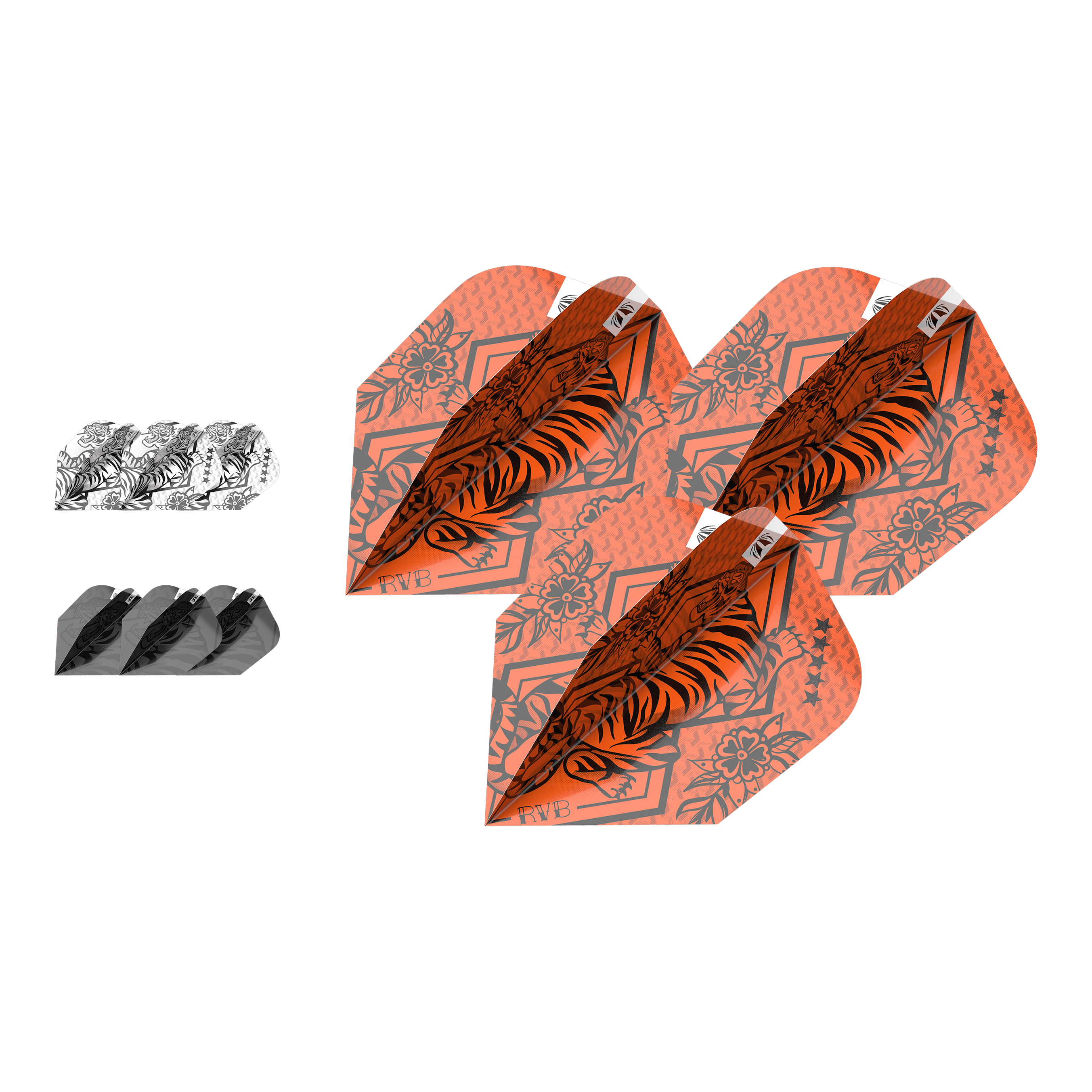 Target Ink Bundle 3 Sets Raymond Van Barneveld Ten-X Flights Das Bild zeigt drei verschiedene Sets von Raymond Van Barneveld Ten-X Dartflights. Die Flights haben auffällige Muster in den Farben Orange, Schwarz und Weiß.