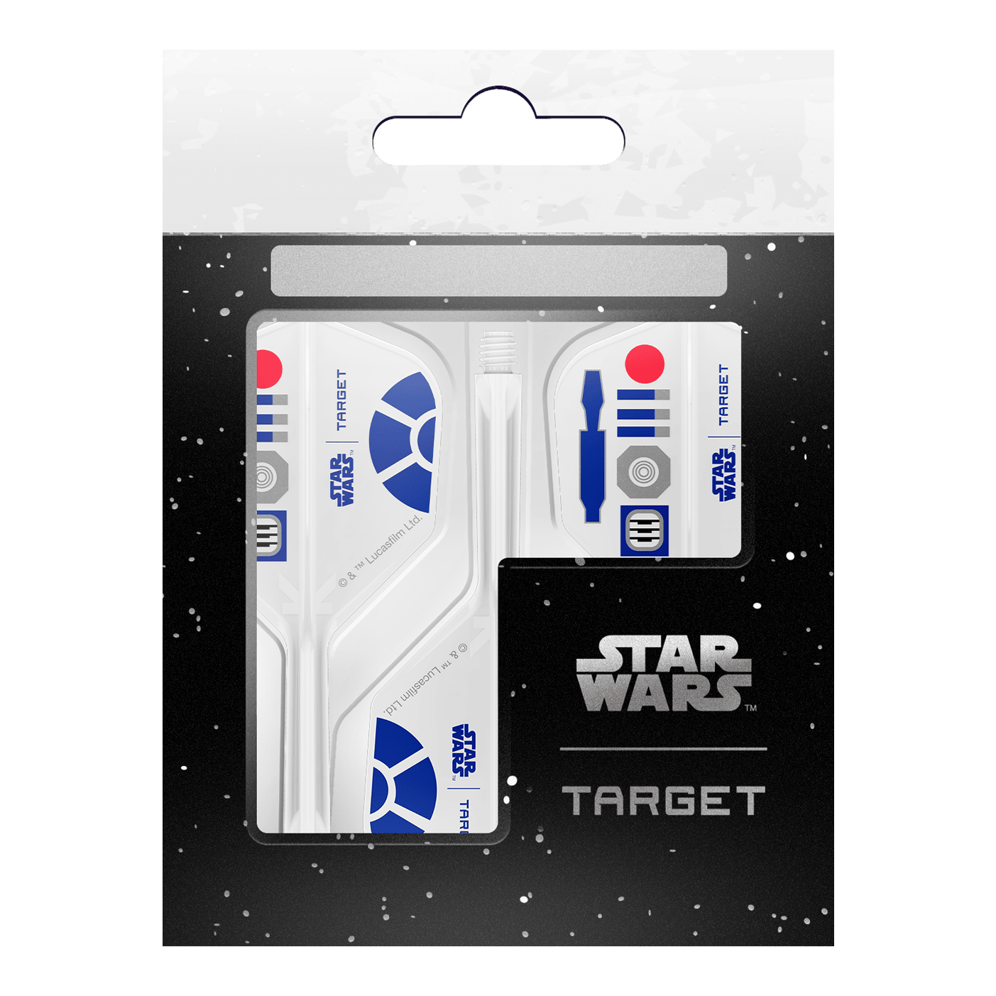Target Star Wars K-Flex R2D2 No6-vluchten Target Star Wars K-Flex R2D2 No6 Flights Dartflights sind auf dem Bild zu sehen. Die Flights zeigen ein Design im Star Wars-Stil mit R2D2-Motiv.