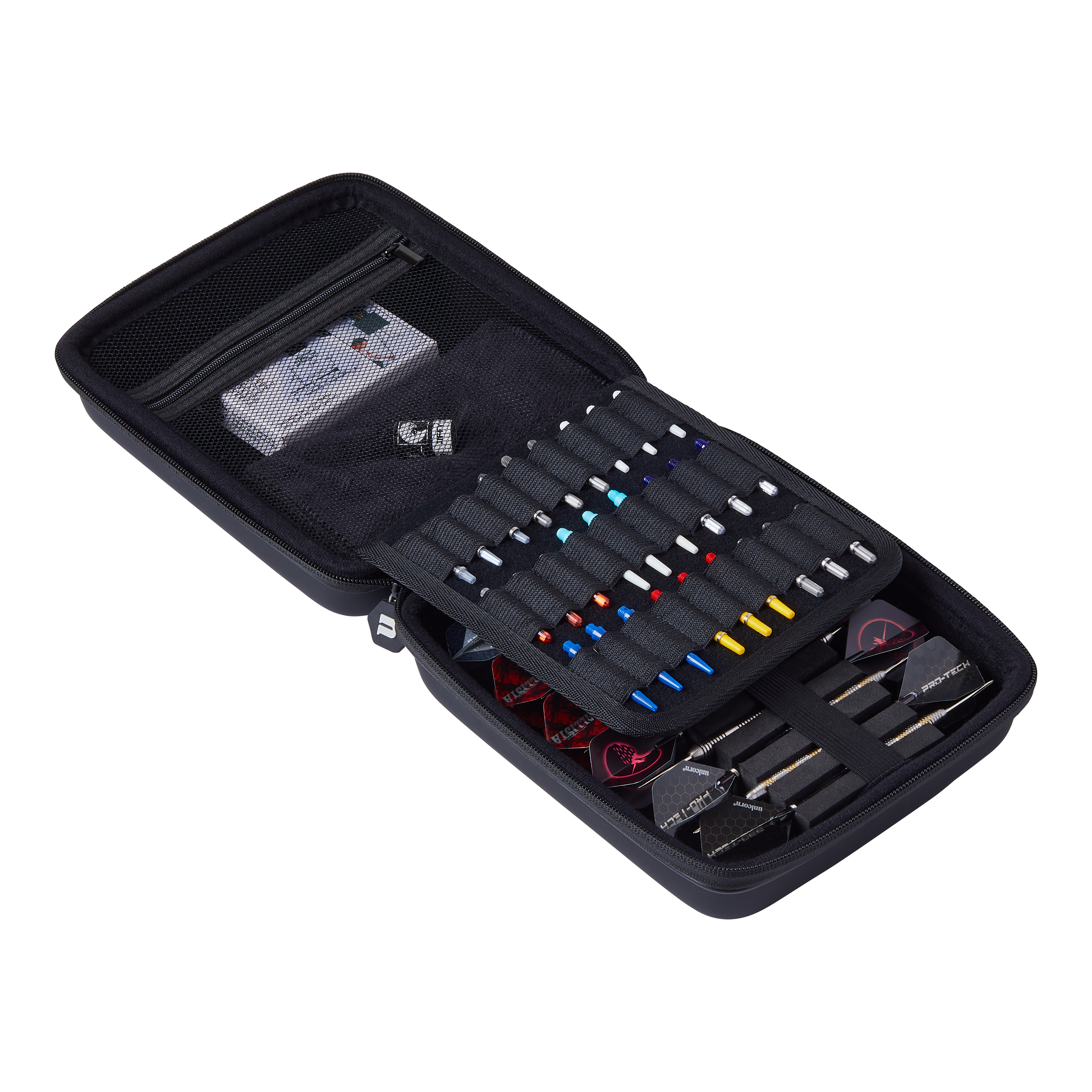 Das Bild zeigt ein offenes schwarzes Dartcase namens "Unicorn Ultra 3UP Large Dartcase". Im Inneren sind verschiedene Dartpfeile, Ersatzteile und Zubehör ordentlich sortiert.