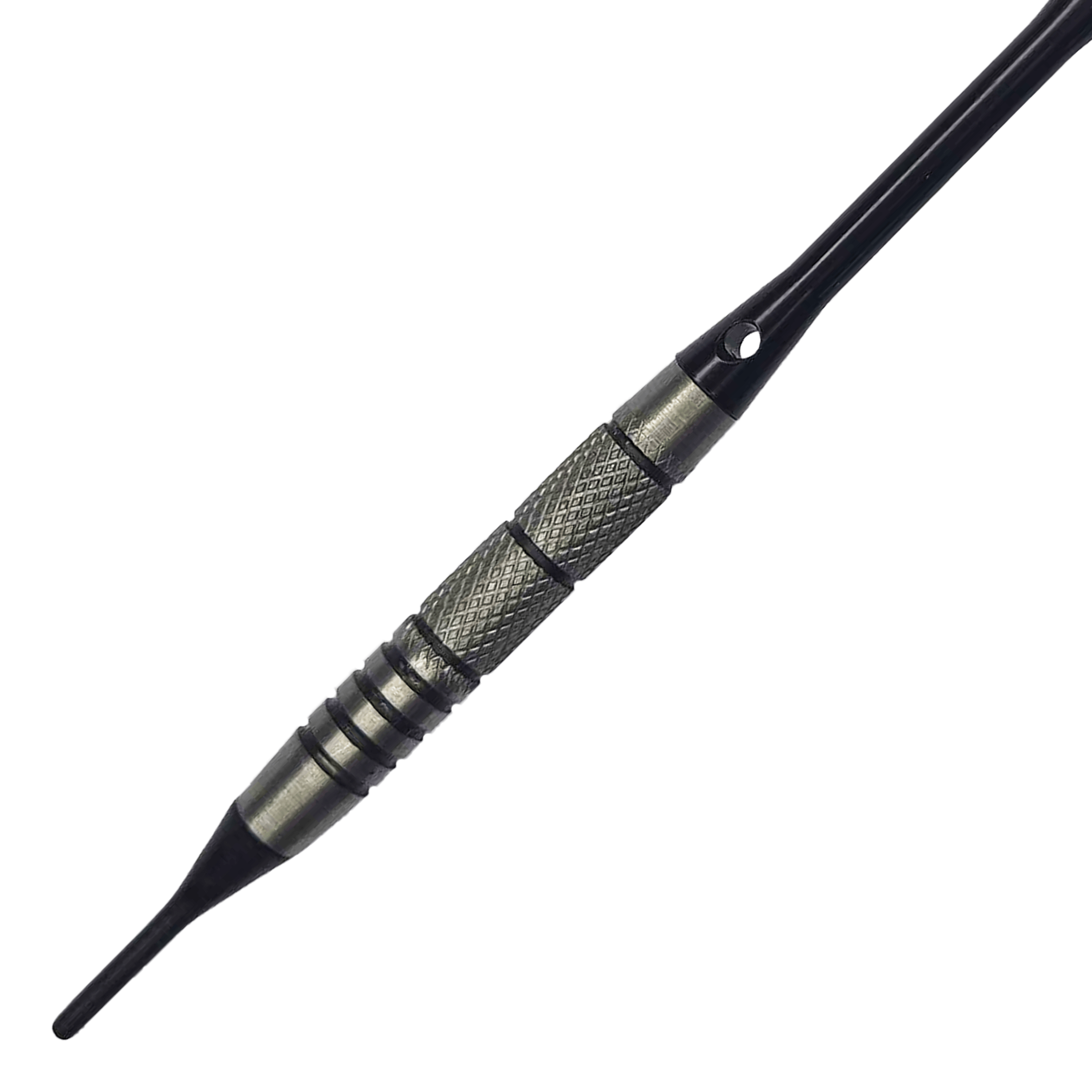 McDart 85 Tungsten V9 zachte darts - 17,5 g Auf dem Bild ist ein McDart 85er Tungsten V9 Softdart mit einem Gewicht von 17,5 g zu sehen. Der Dartpfeil hat eine metallische Griffzone mit feiner Riffelung für besseren Halt.