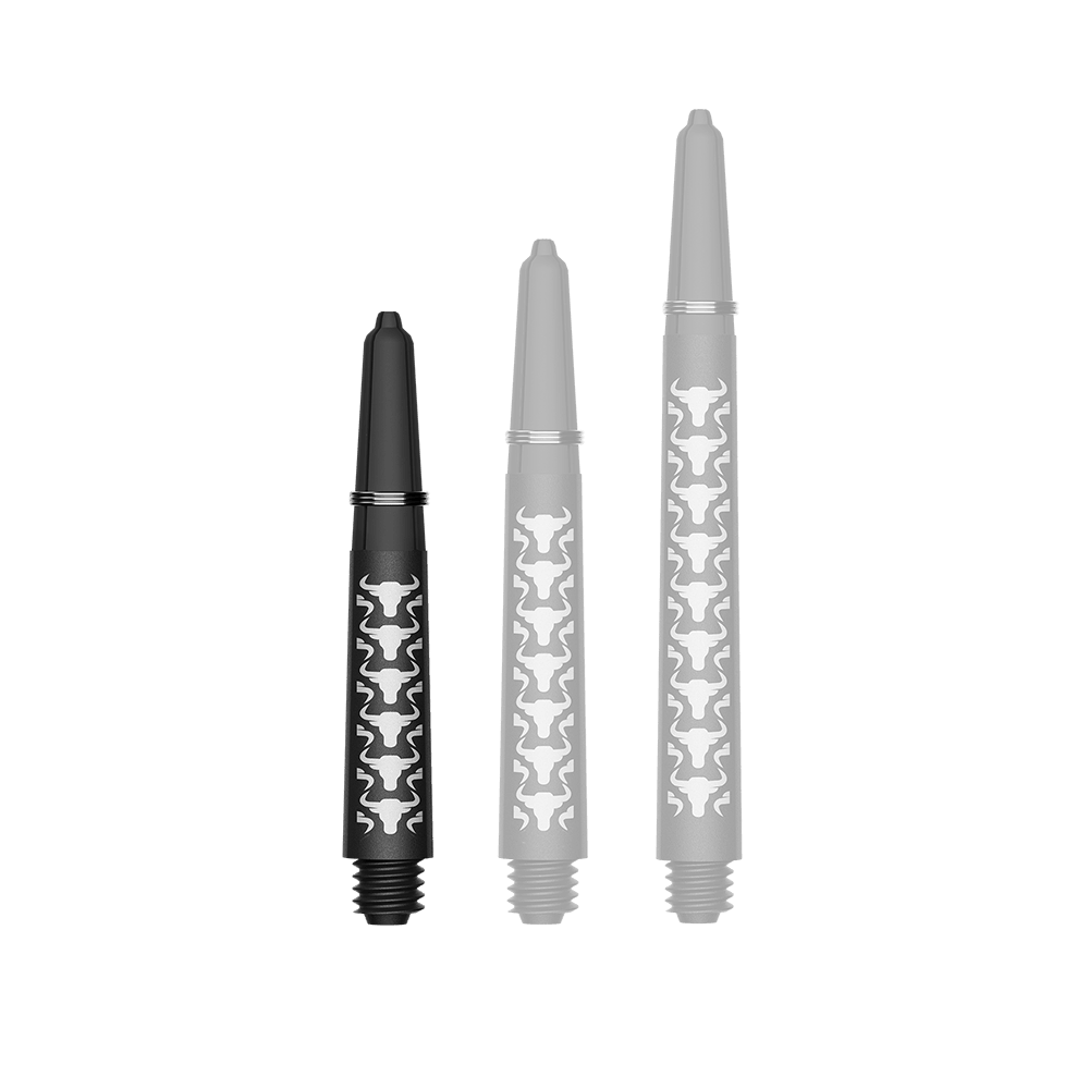 Das Bild zeigt einen kurzen weißen Carbon Shaft für Darts. Der Schaft ist etwa 34 mm lang und aus Kohlefaser.