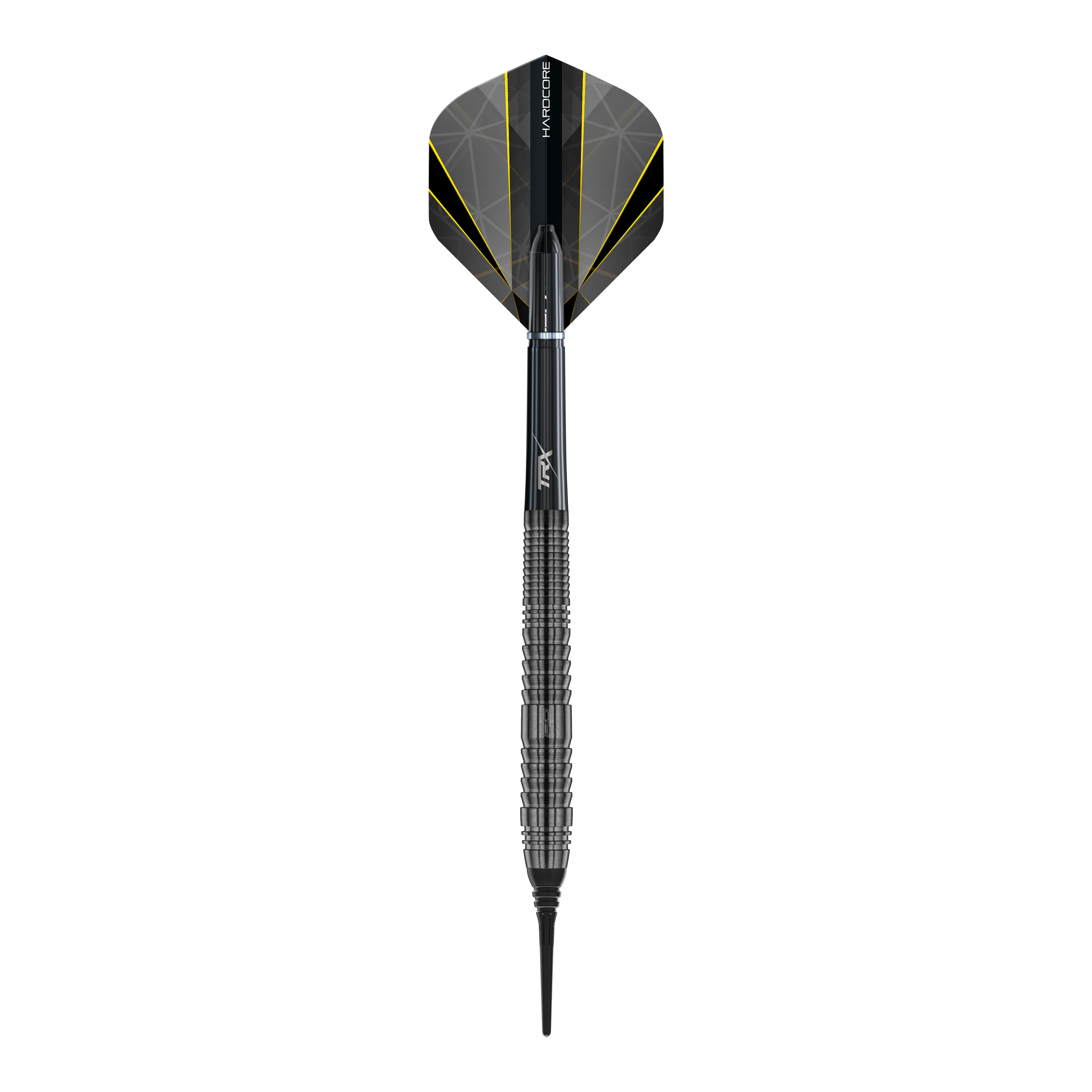 Red Dragon Seren 2 Onyx Softdarts - 20g Dies ist ein Softdart namens "Red Dragon Seren 2 Onyx Softdarts - 20g". Er hat ein schwarzes Design mit gelben Akzentlinien und einer geriffelten Griffzone.