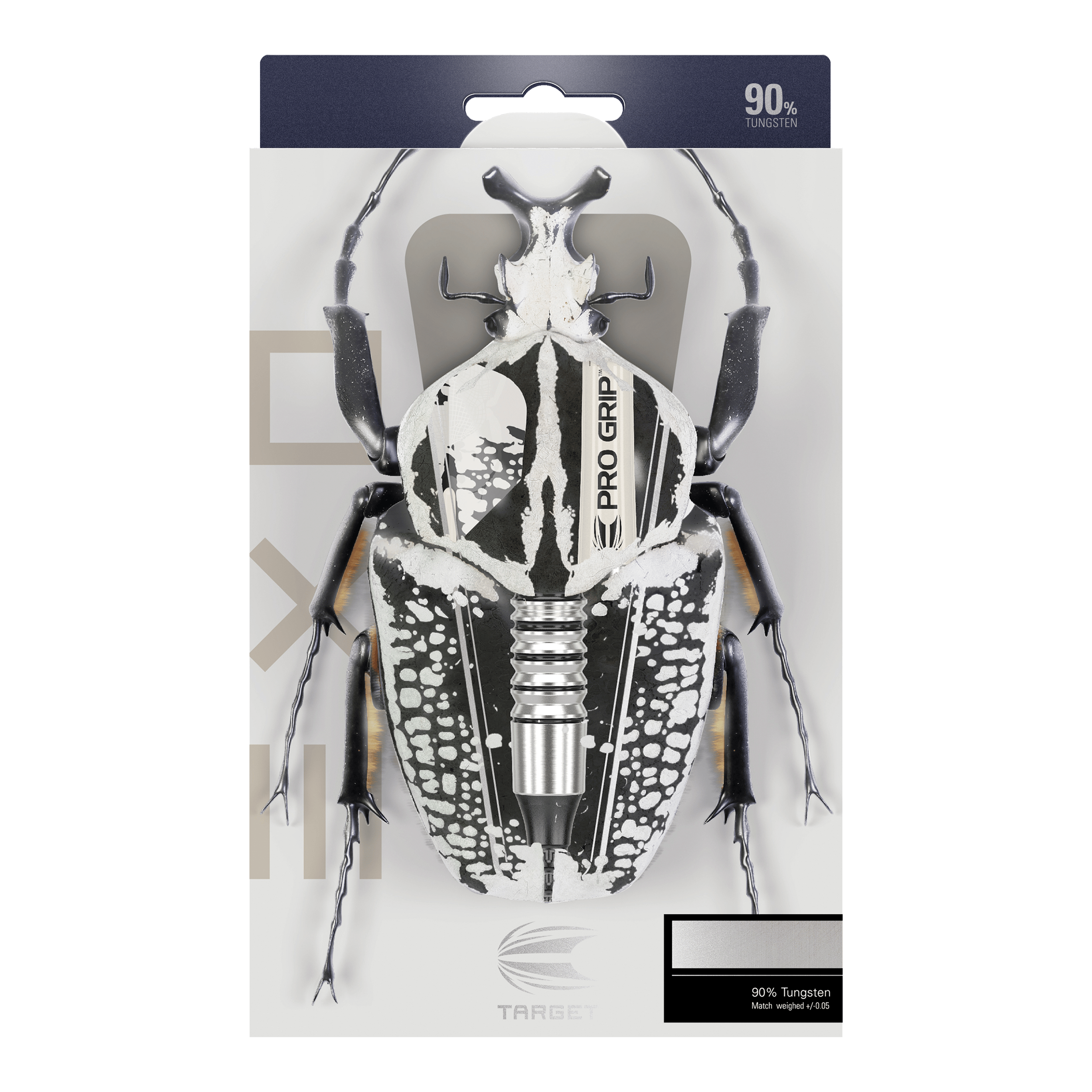 Target EXO 10 Zachte Darts Die Verpackung zeigt die Target EXO 10 Softdarts, bei denen ein Dartpfeil kreativ als Teil eines Käfers dargestellt ist. Oben steht, dass die Darts aus 90 % Tungsten bestehen.
