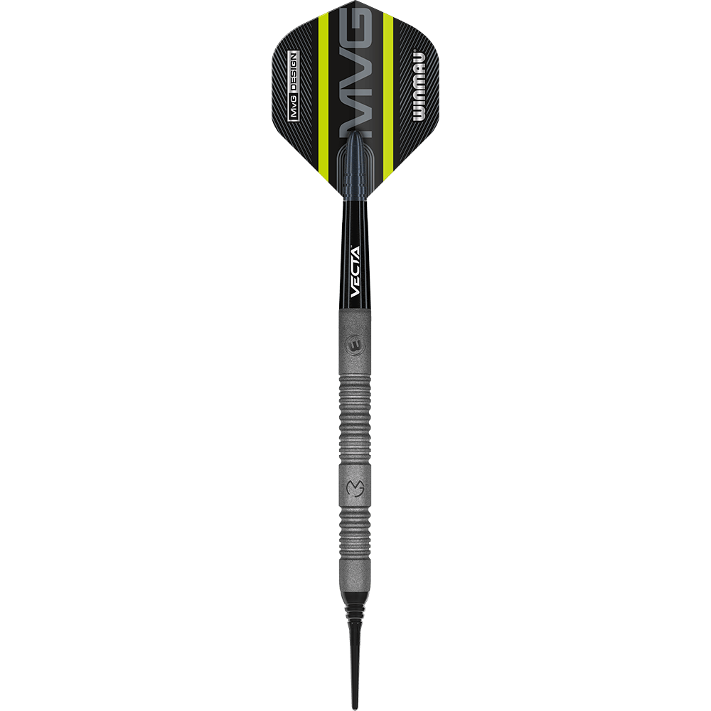 2448_Winmau_Michael_Van_Gerwen_Exact_Softdarts_14E5EDViBMbMgh Das Bild zeigt einen Winmau Michael Van Gerwen Exact Softdart. Der Dart ist schwarz und grau mit gelben Akzenten und der Aufschrift "MVG" auf dem Flight.