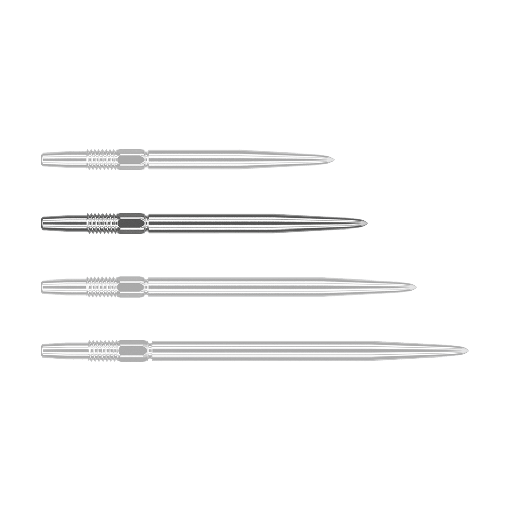 Target Swiss Point Zilveren dartpunten Das Bild zeigt vier silberne Dartspitzen, die nebeneinander liegen. Sie sind lang, schmal und haben ein geriffeltes Stück am oberen Ende.