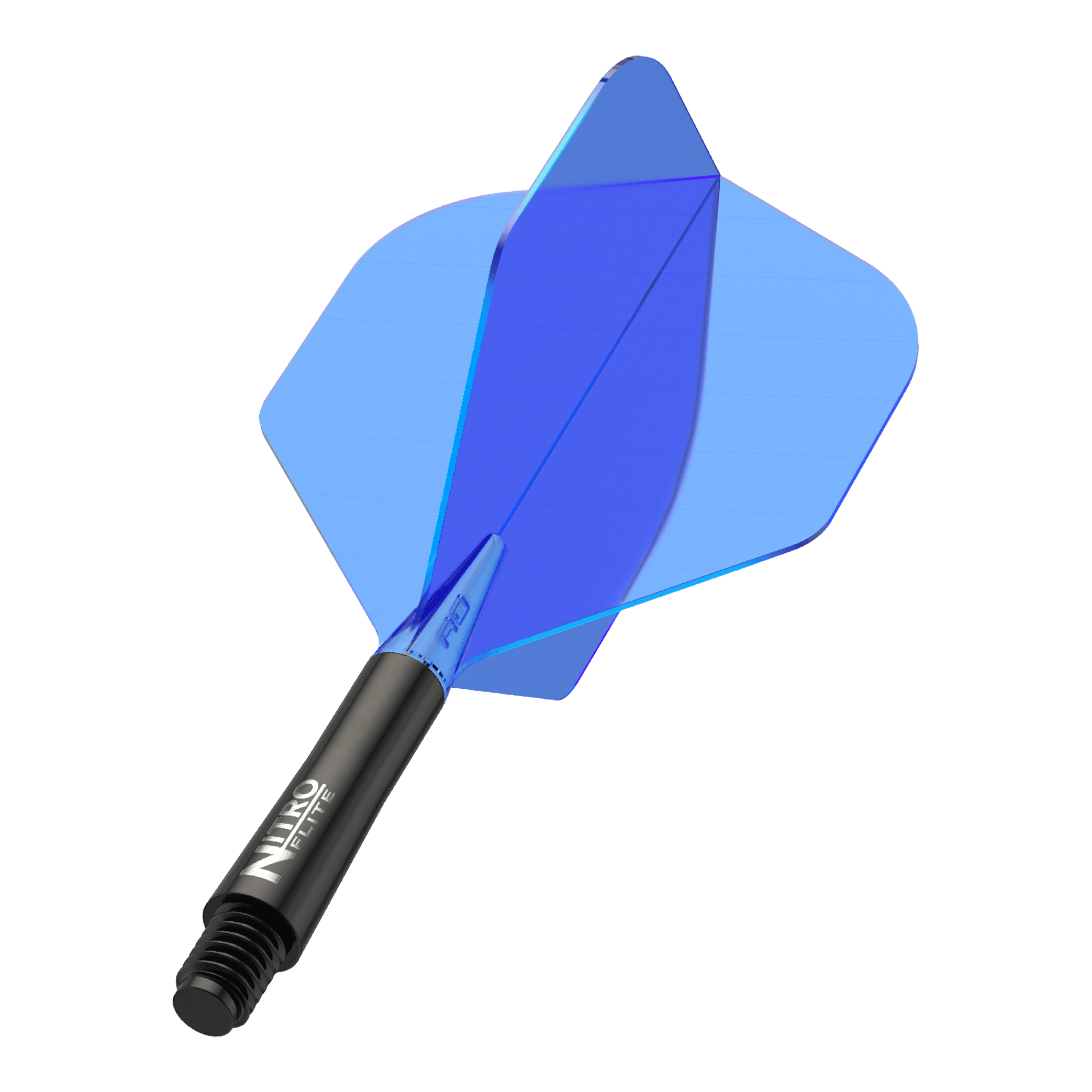 Auf dem Bild ist ein blauer Dartflug mit schwarzem Schaft zu sehen. Der Schaft trägt die Aufschrift "Nitro Flite".
