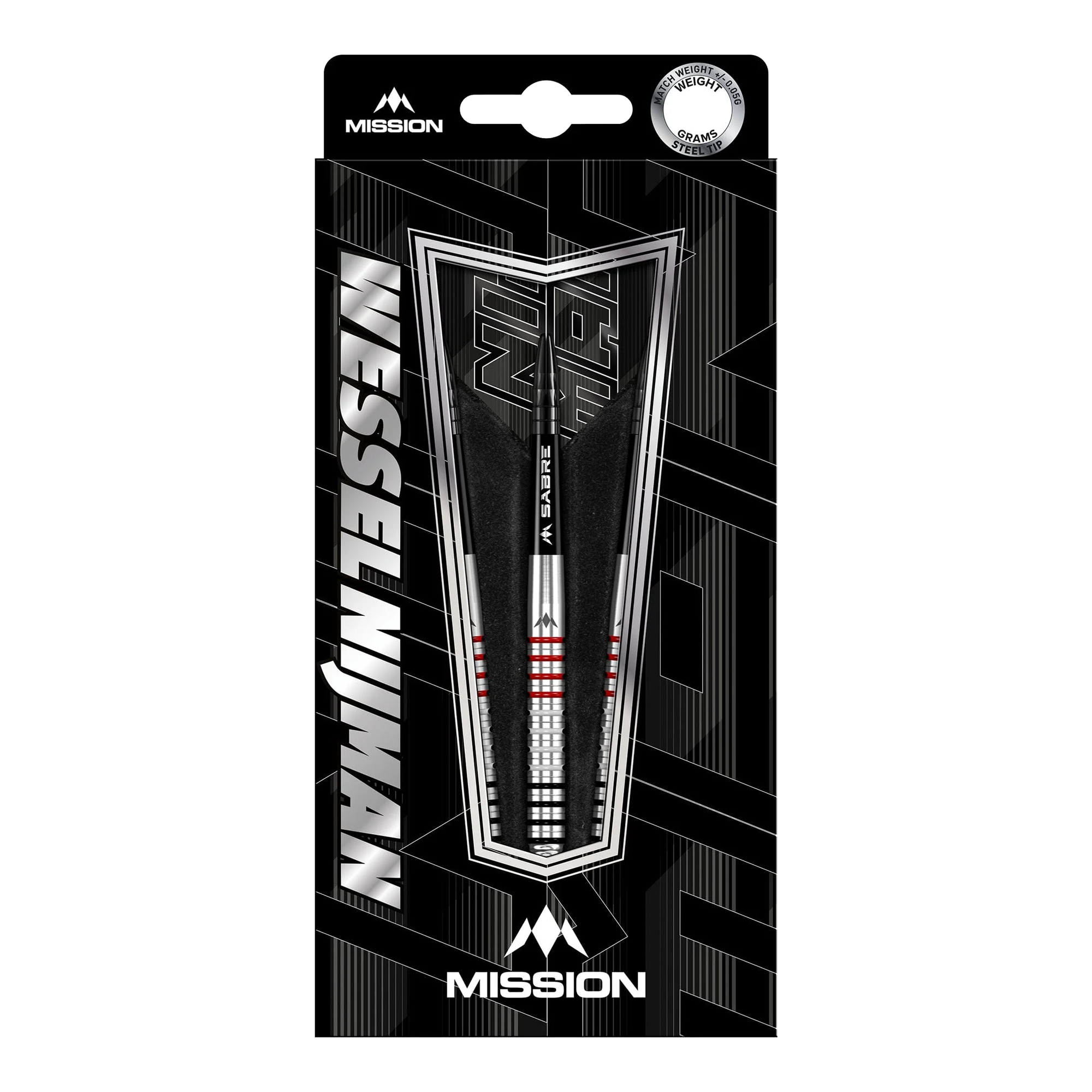 Mission Wessel Nijman stalen dartpijlen - 23g Die Abbildung zeigt die Mission Wessel Nijman Steeldarts mit einem Gewicht von 23 Gramm in ihrer Verpackung. Die Darts sind silberfarben mit schwarzen und roten Akzenten gestaltet und tragen das Mission-Logo.